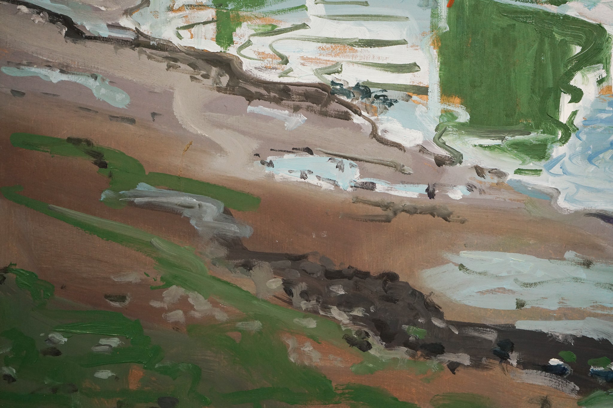 A painting of a landscape with a river running through it.