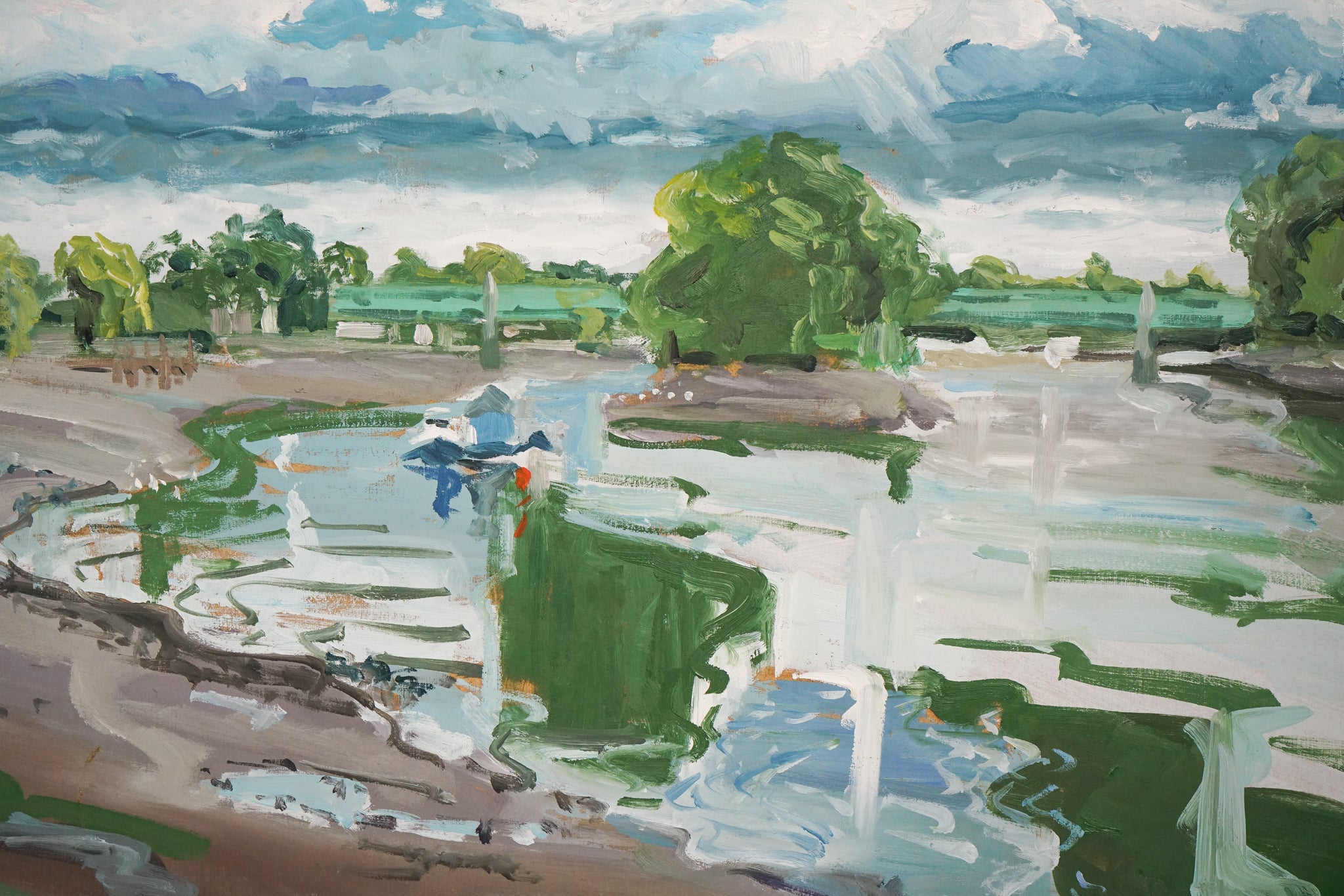 A painting of a landscape with a river running through it.