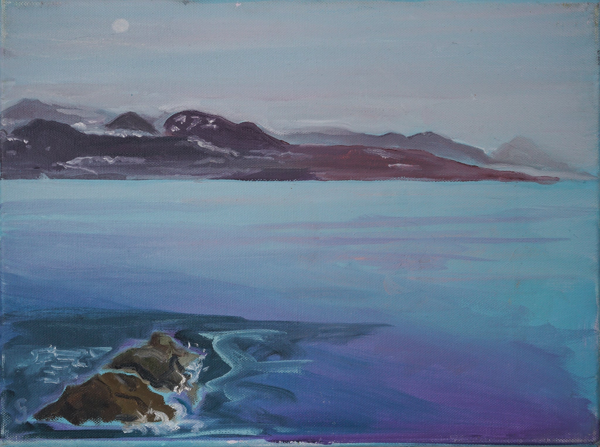 A painting of a body of water with mountains in the background.