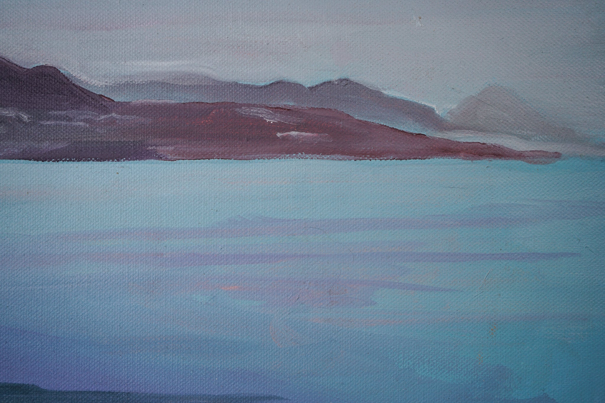 A painting of a body of water with mountains in the background.