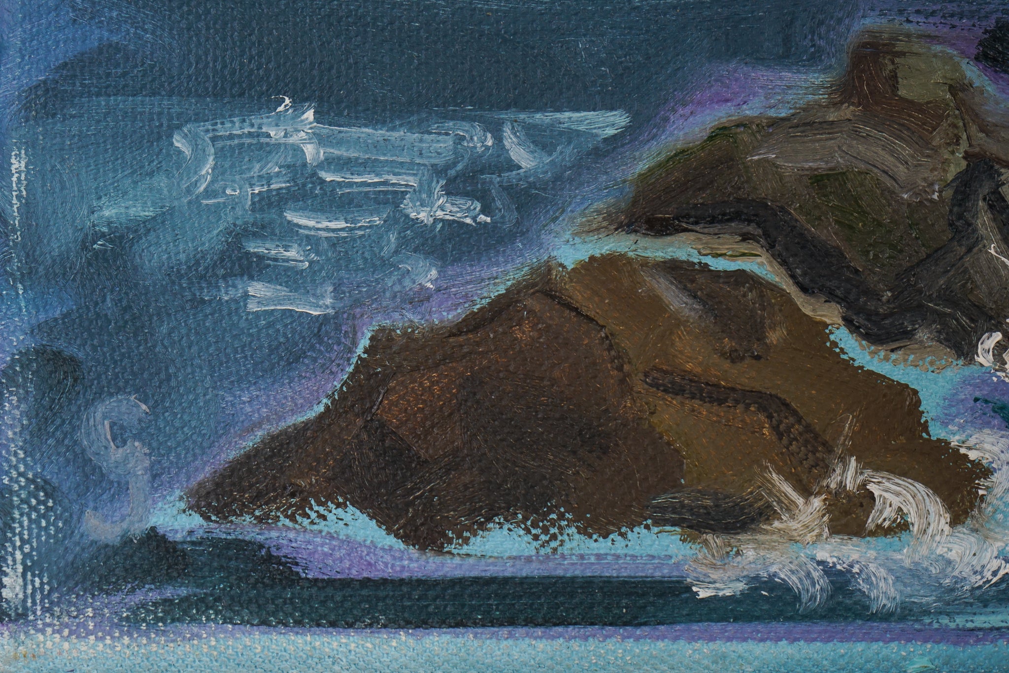 A painting of a body of water with mountains in the background.