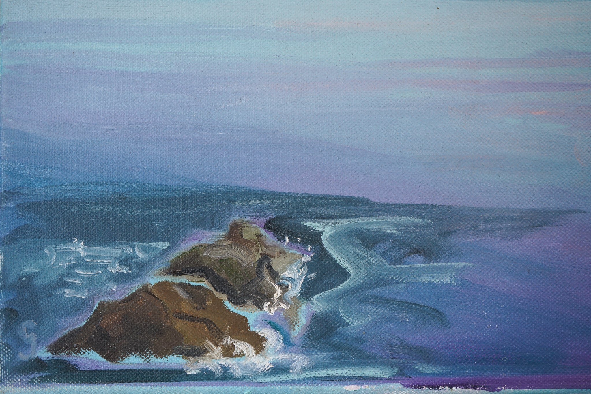 A painting of a body of water with mountains in the background.