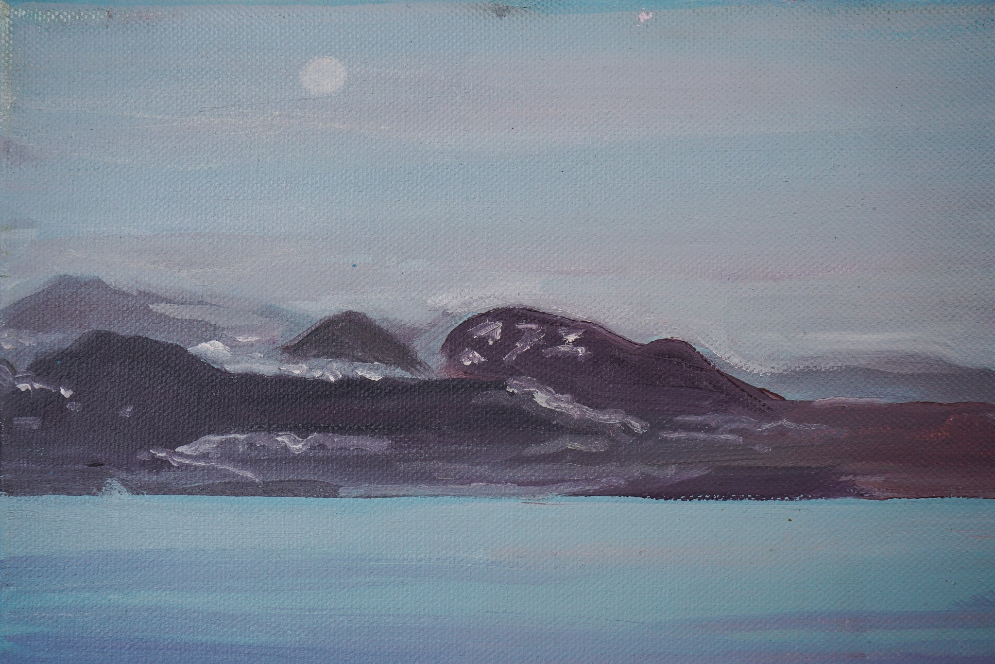 A painting of a body of water with mountains in the background.