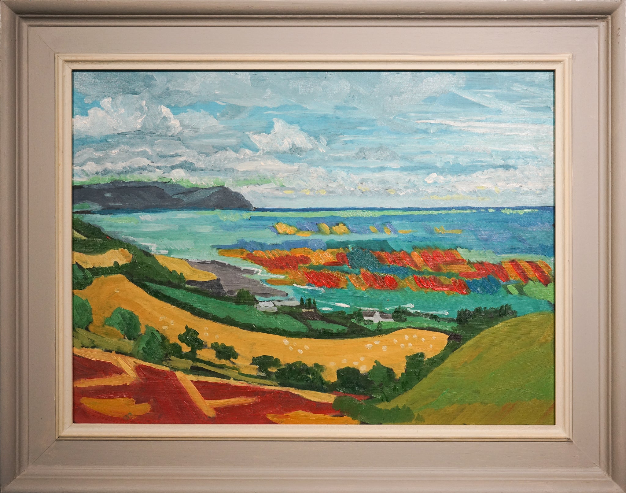 A painting of a landscape with a view of the ocean.