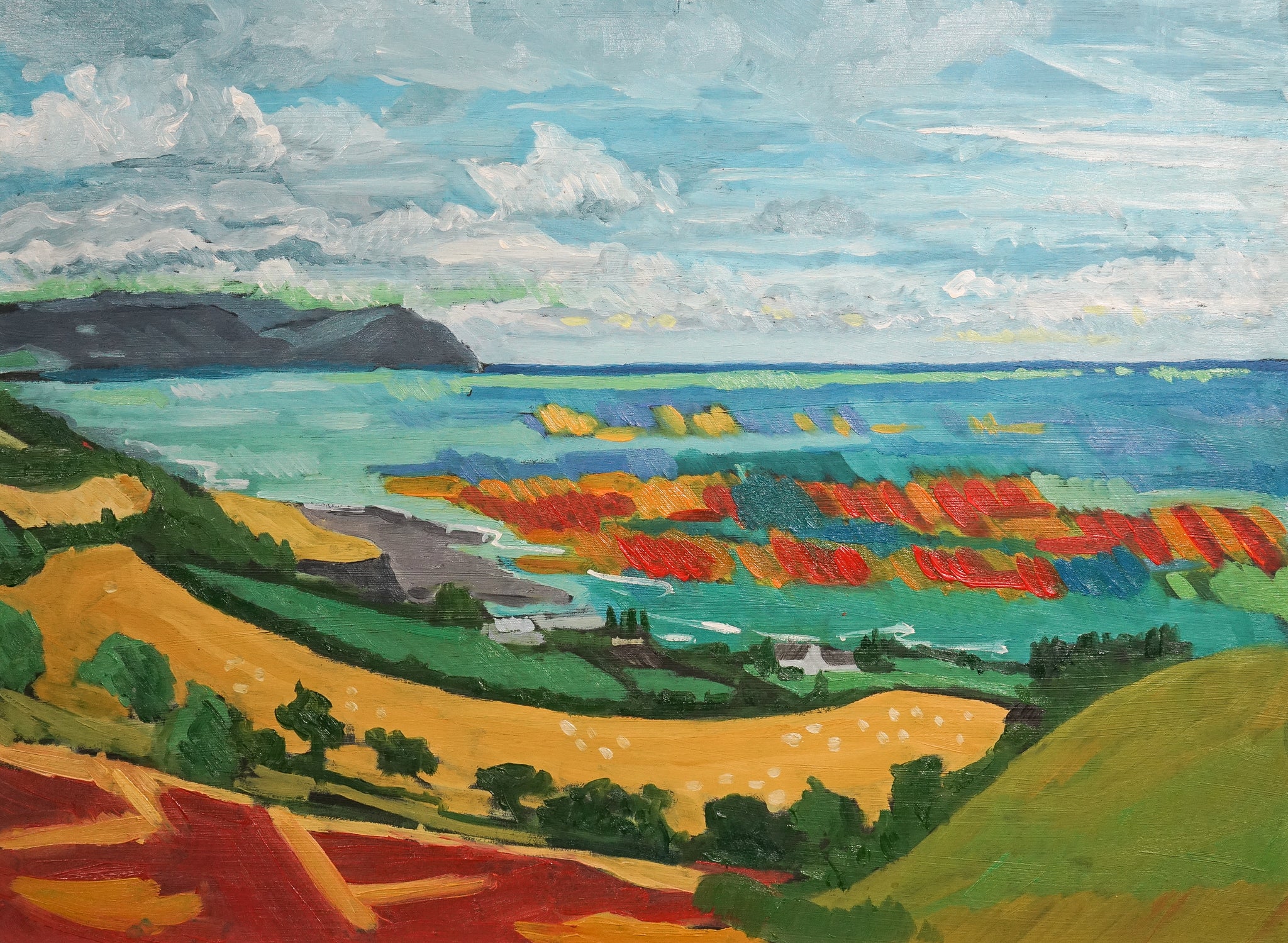 A painting of a landscape with a view of the ocean.