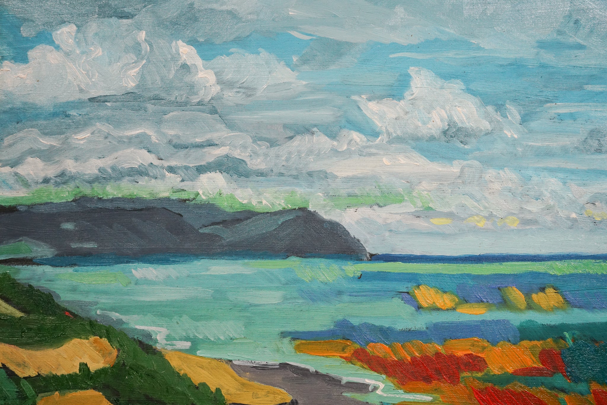 A painting of a landscape with a view of the ocean.