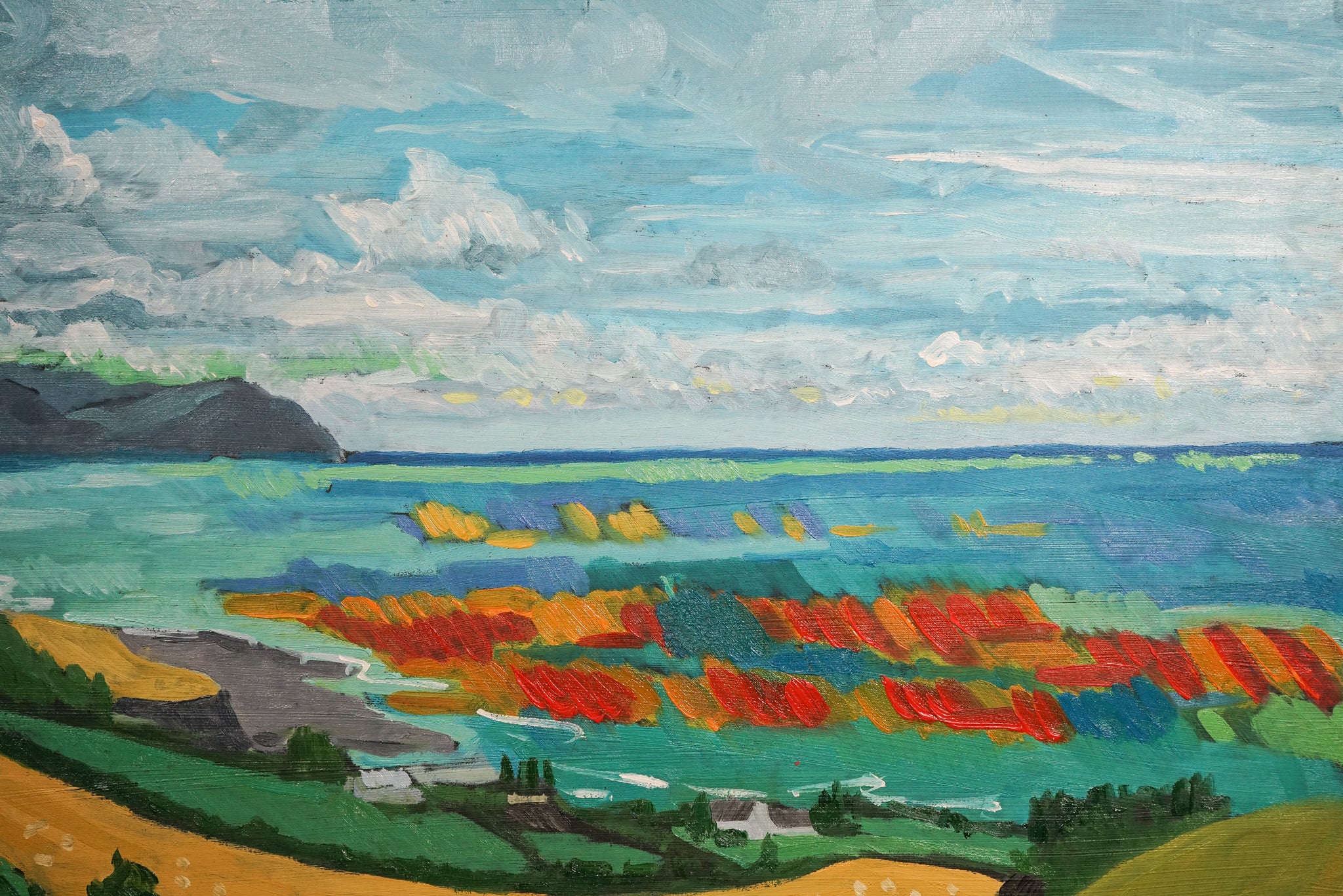 A painting of a landscape with a view of the ocean.