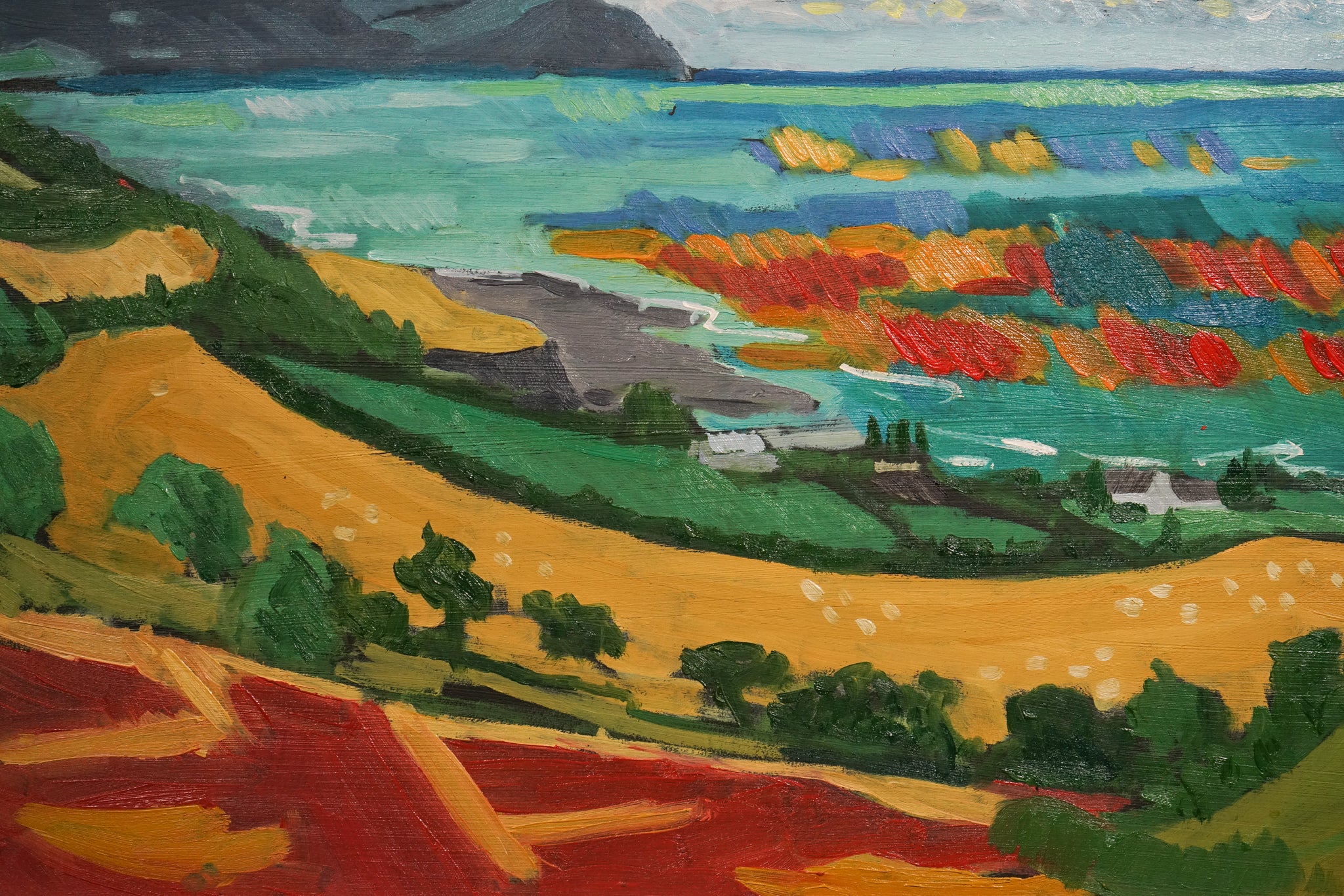 A painting of a landscape with a view of the ocean.