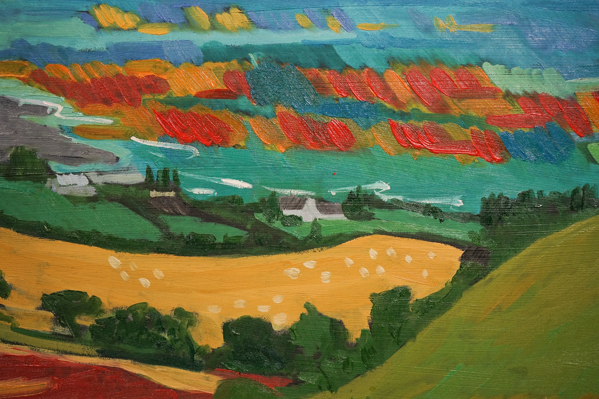 A painting of a landscape with a view of the ocean.