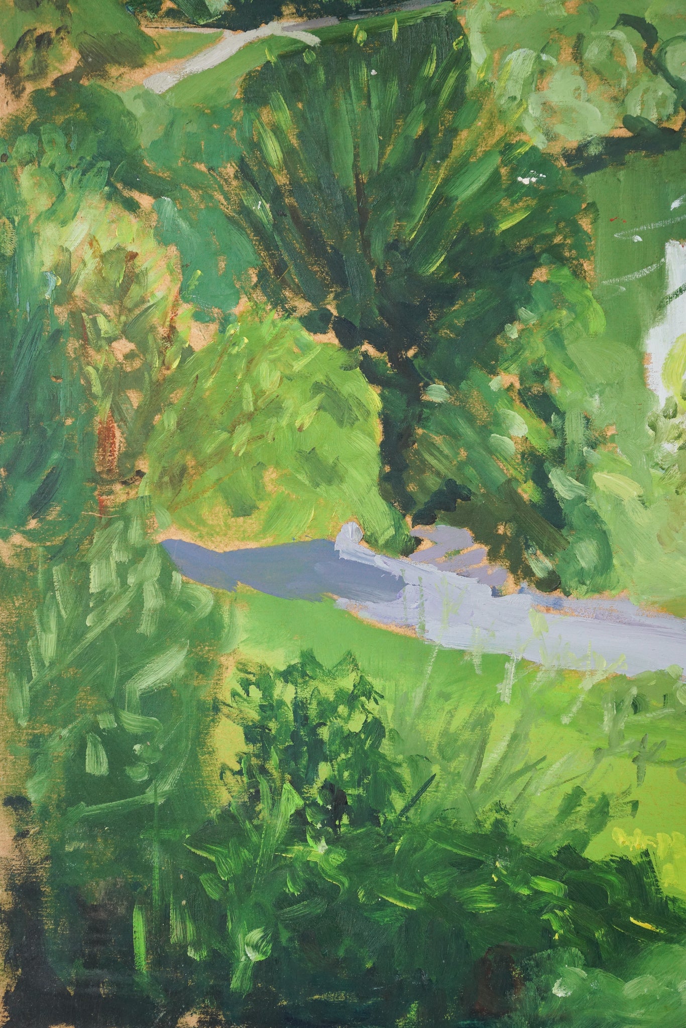 A painting of a view of a park with trees and a river.