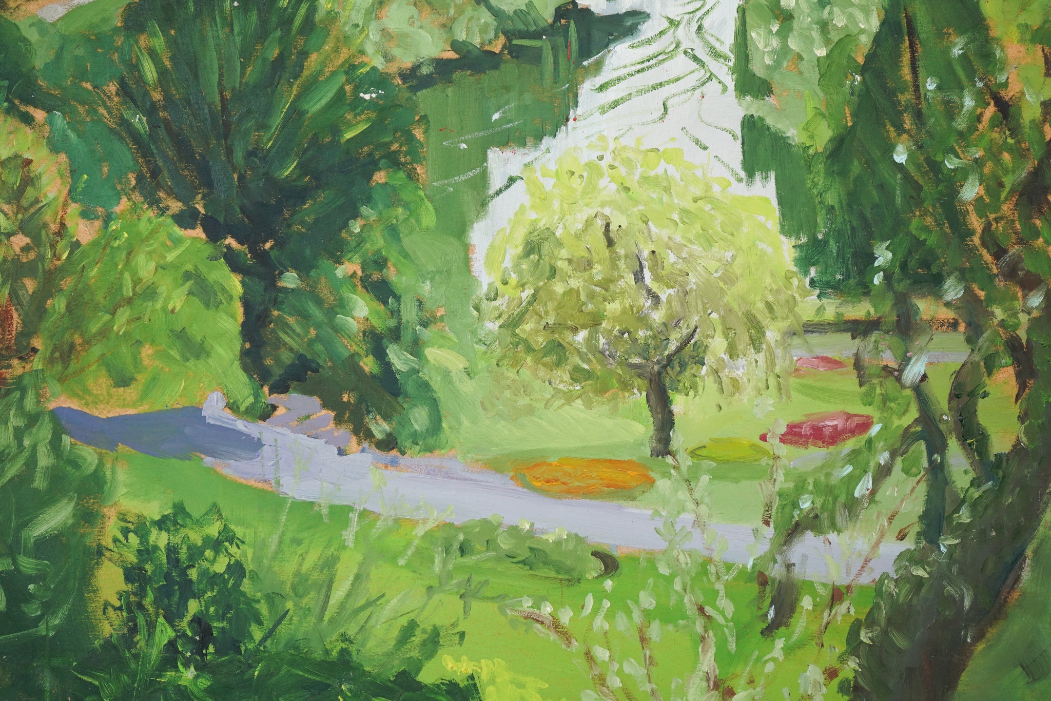 A painting of a view of a park with trees and a river.