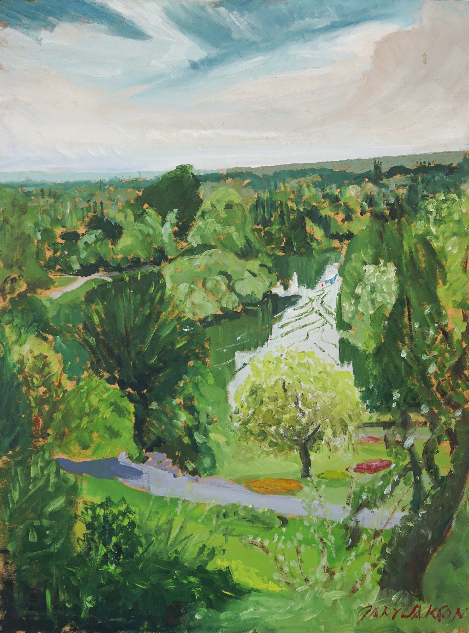 A painting of a view of a park with trees and a river.