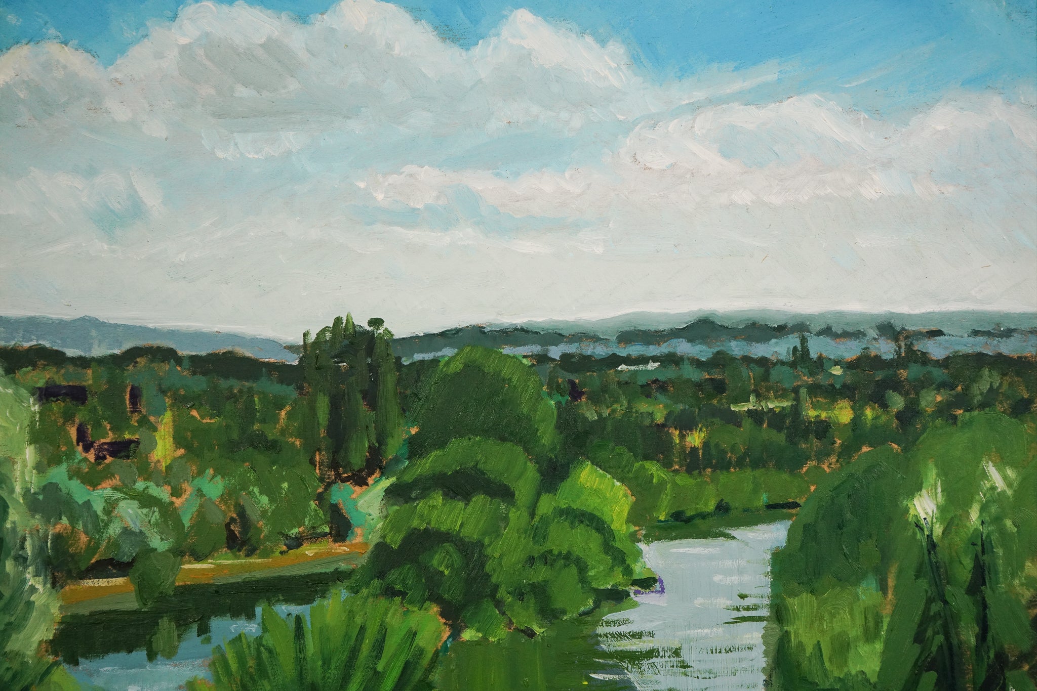 A painting of a river running through a lush green field.