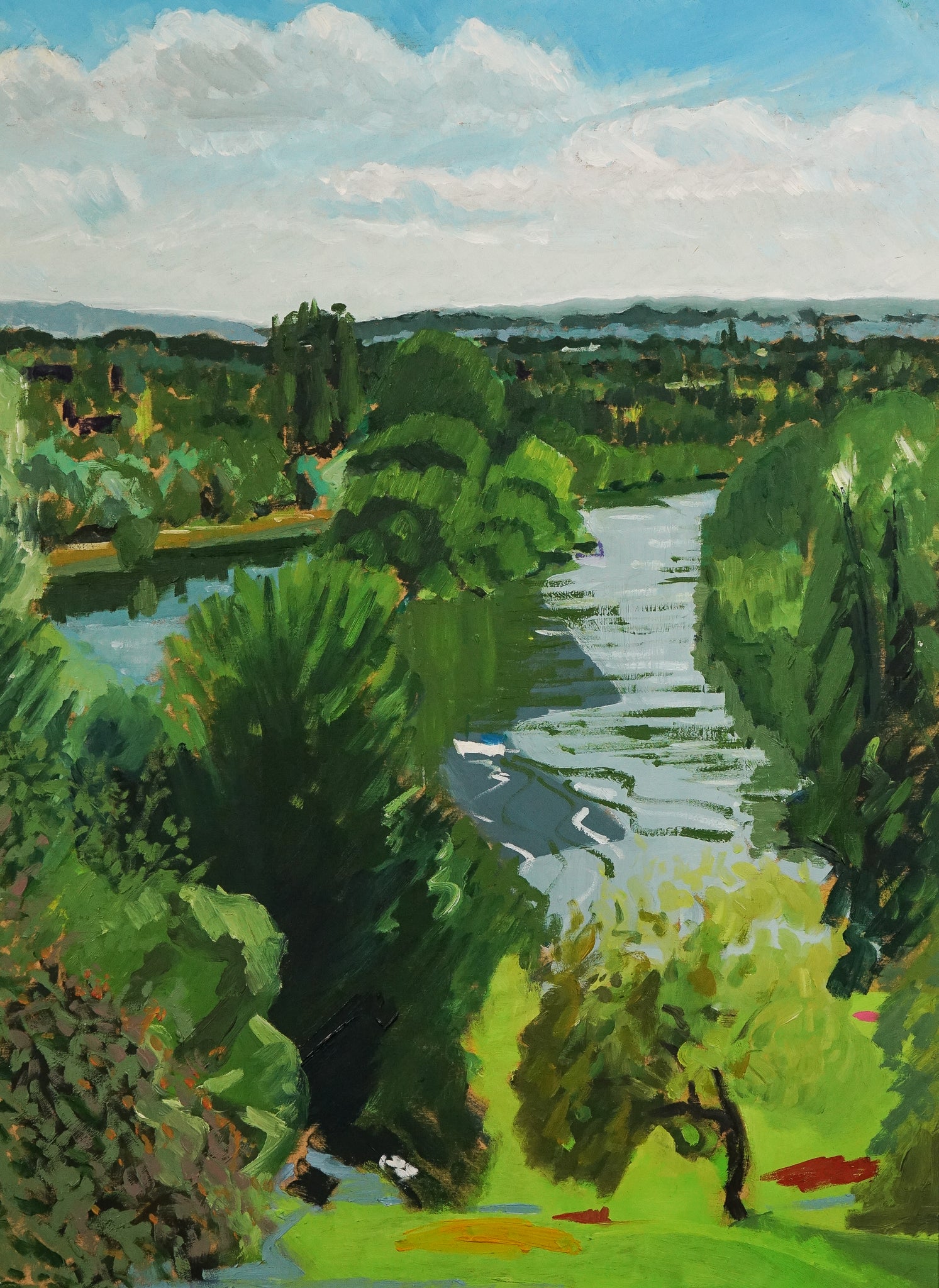A painting of a river running through a lush green field.