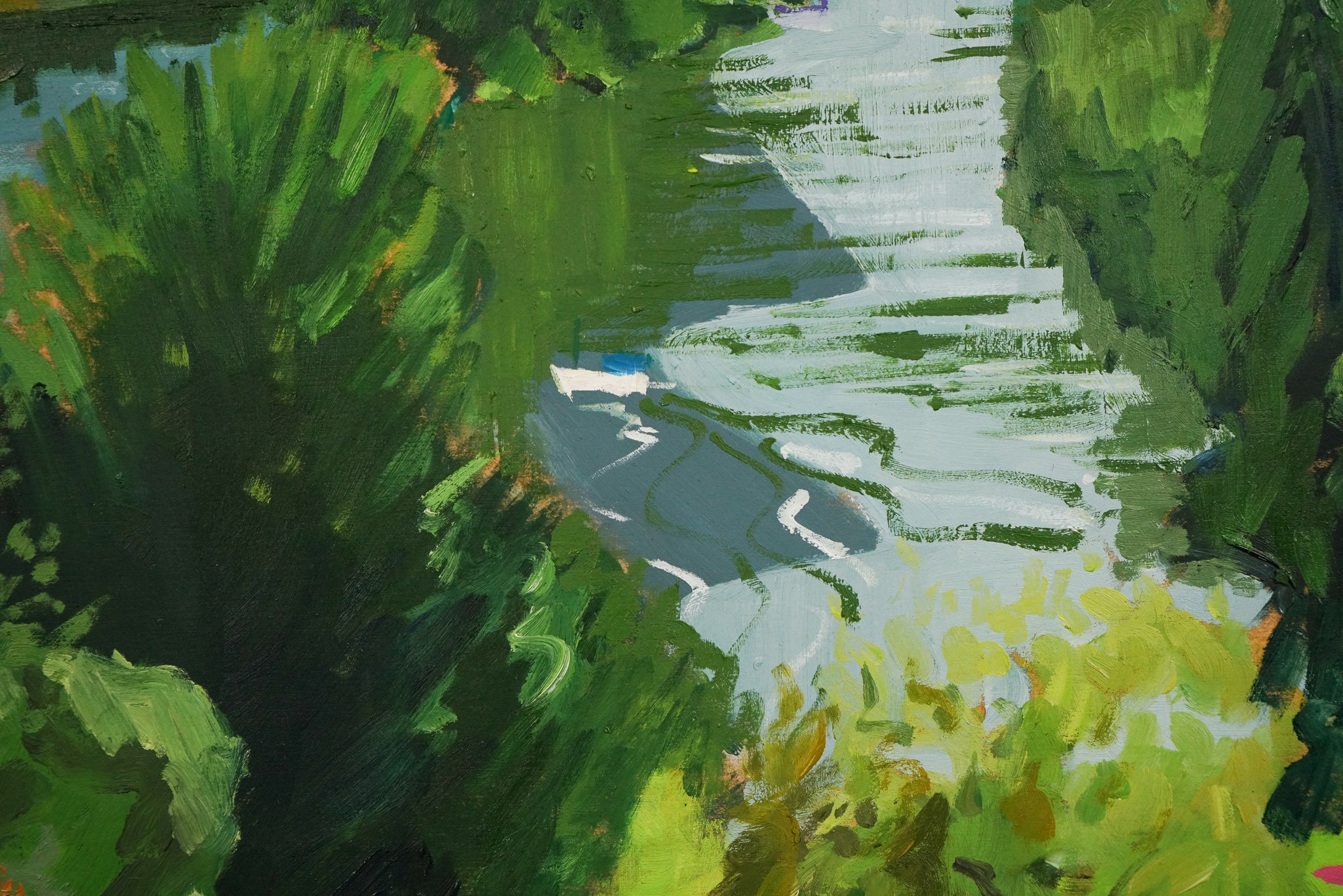 A painting of a river running through a lush green field.