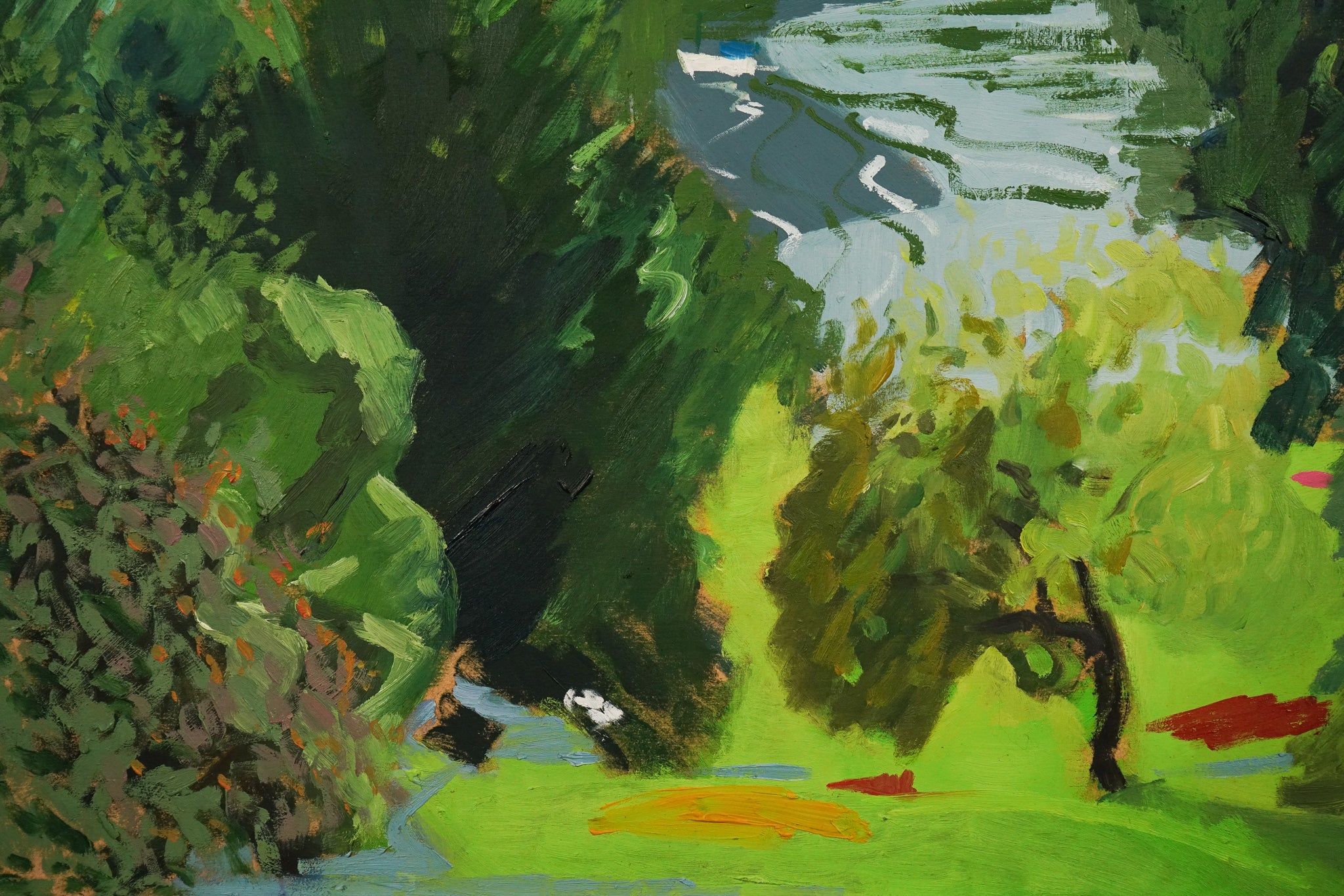A painting of a river running through a lush green field.