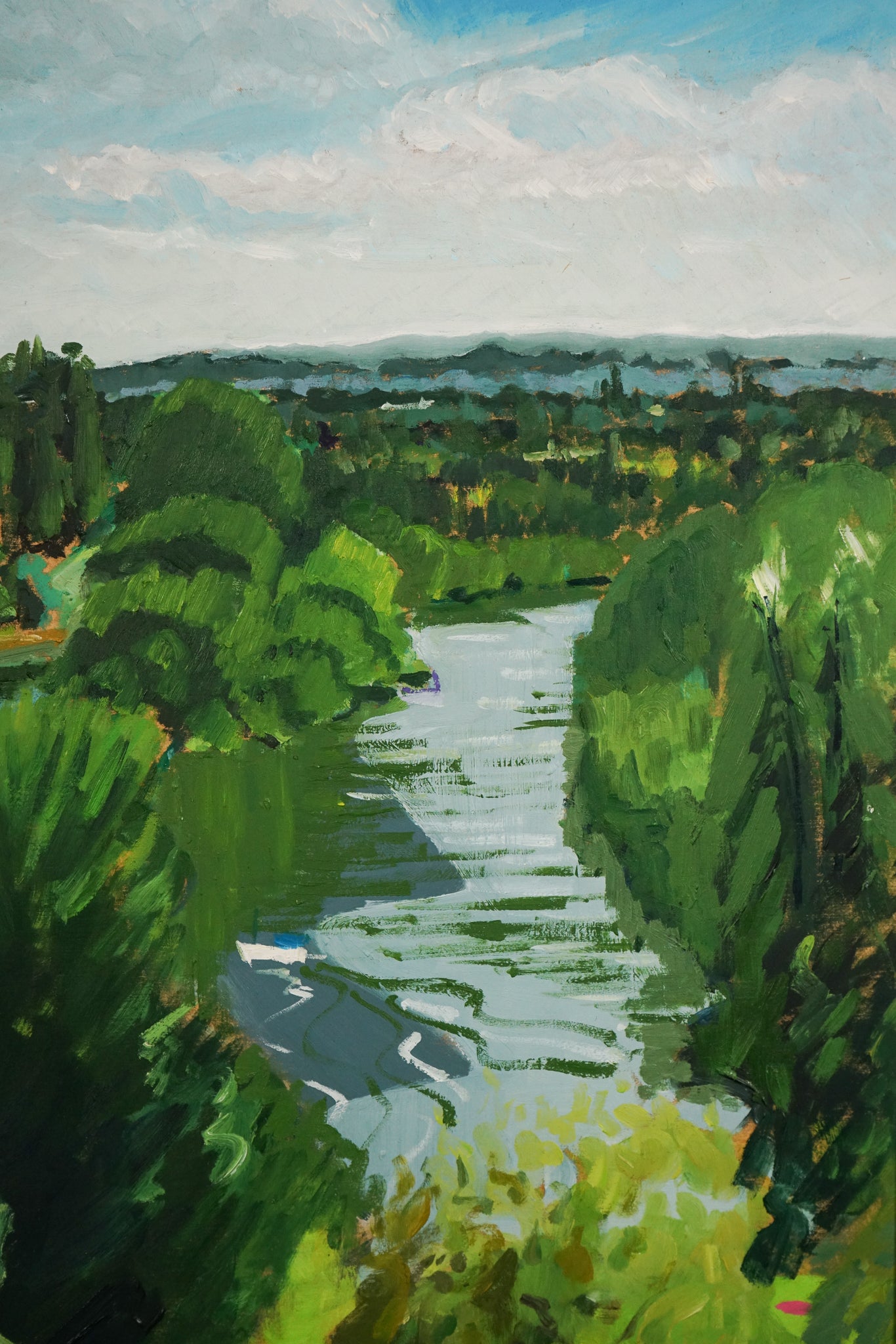 A painting of a river running through a lush green field.