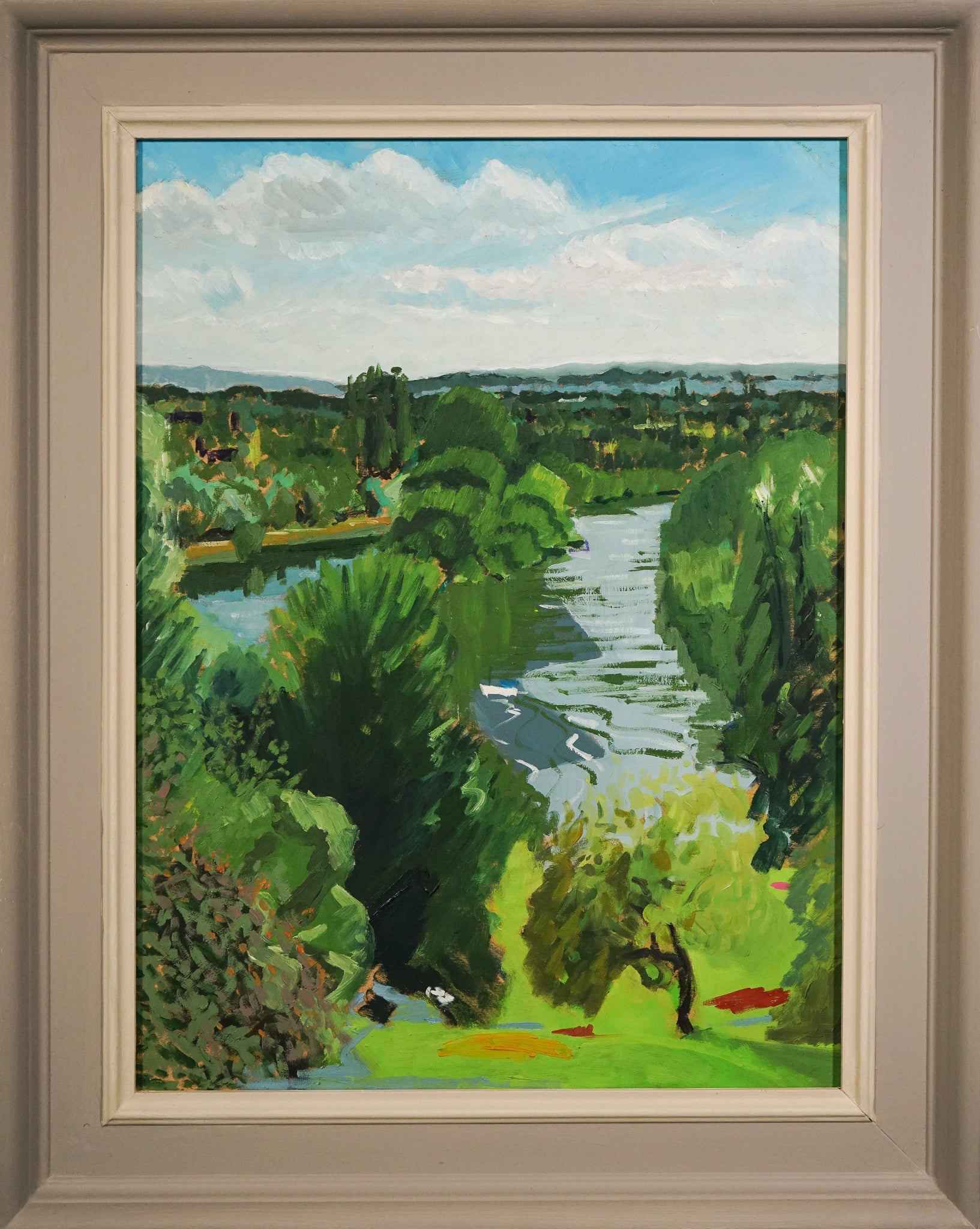 A painting of a river running through a lush green field.
