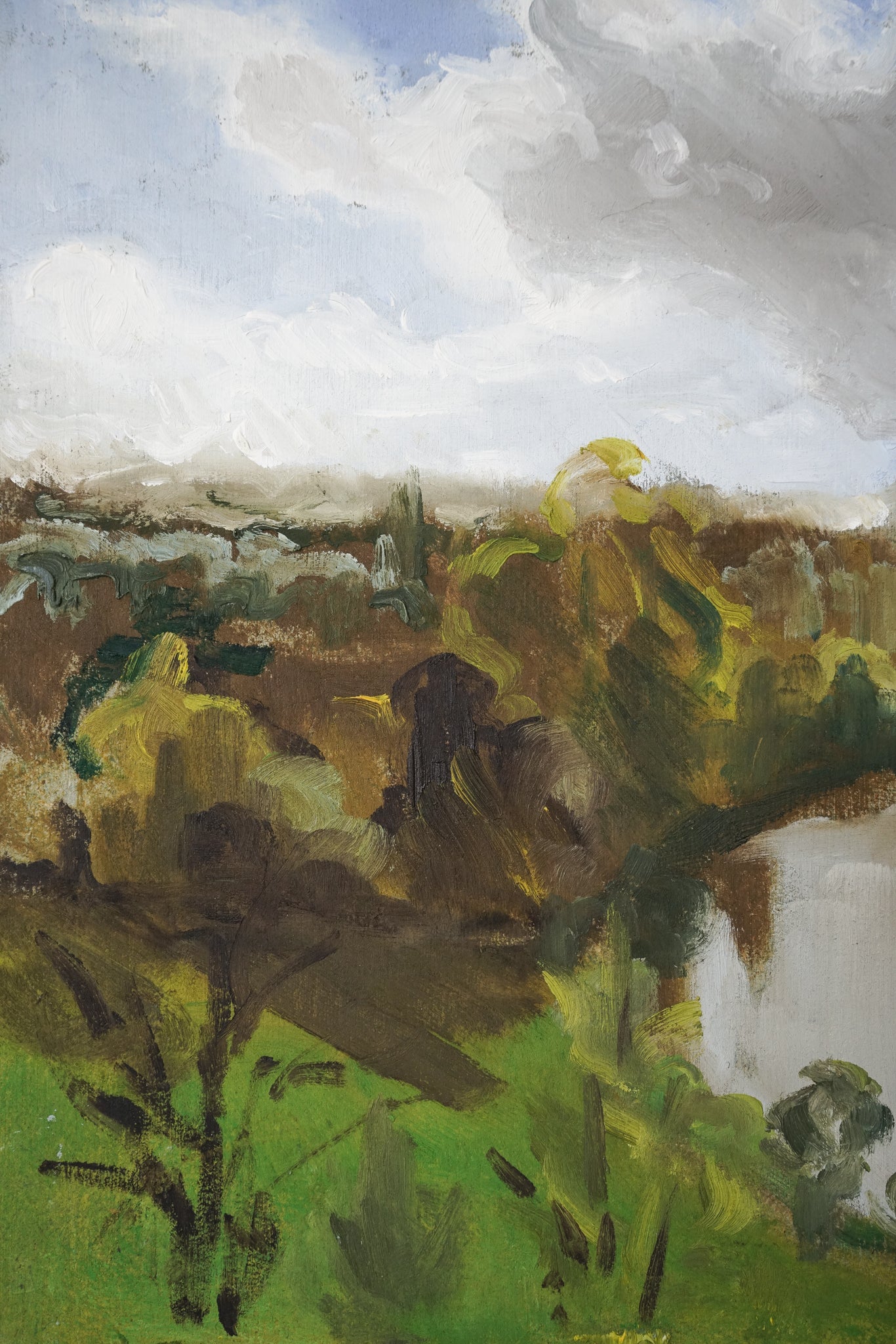 A painting of a river running through a lush green field.