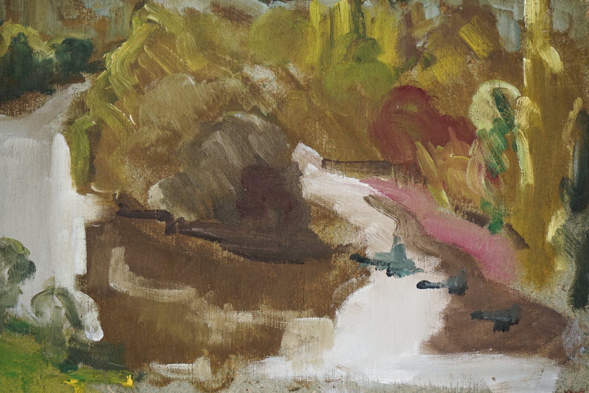 A painting of a river running through a lush green field.