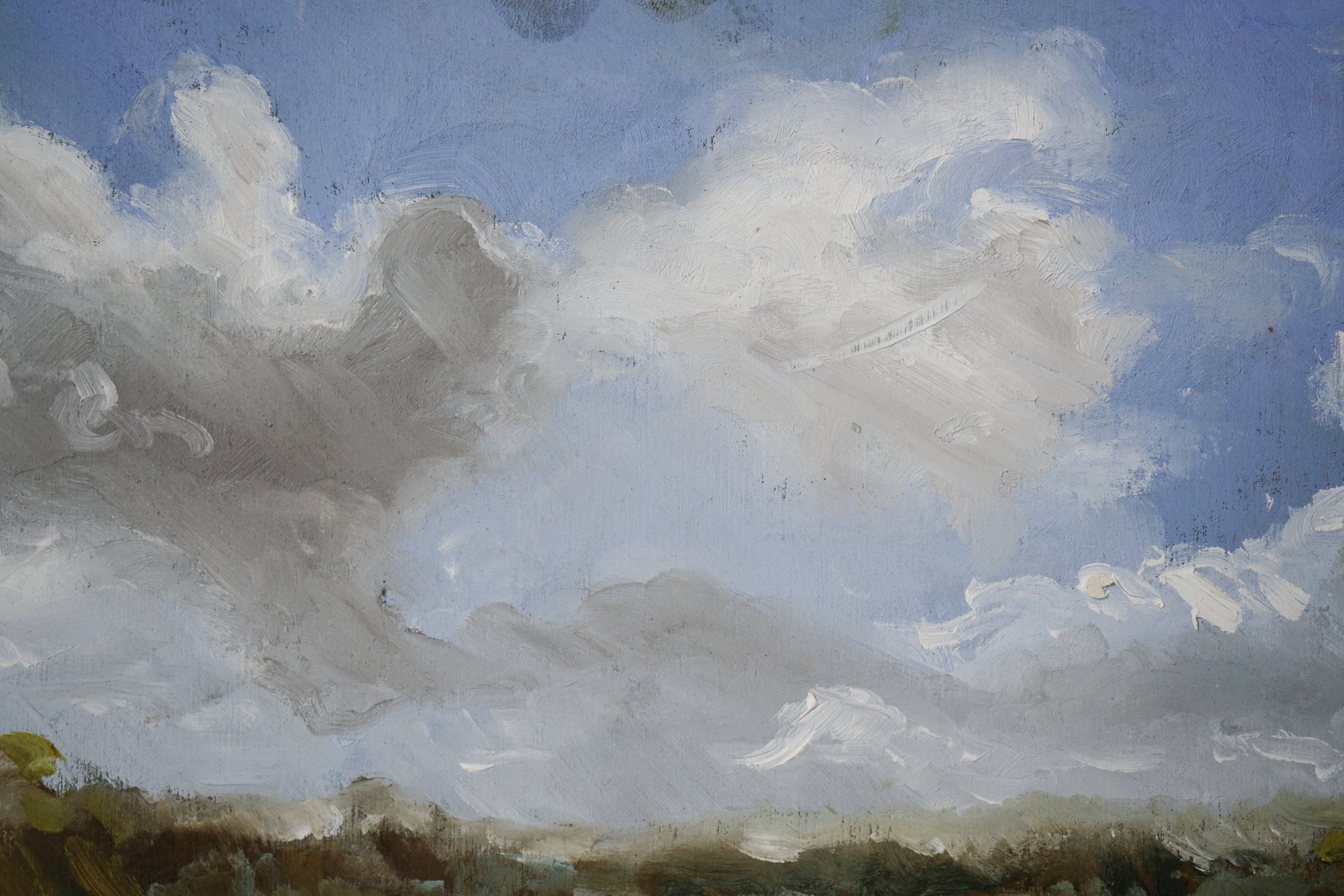 A painting of a river running through a lush green field.