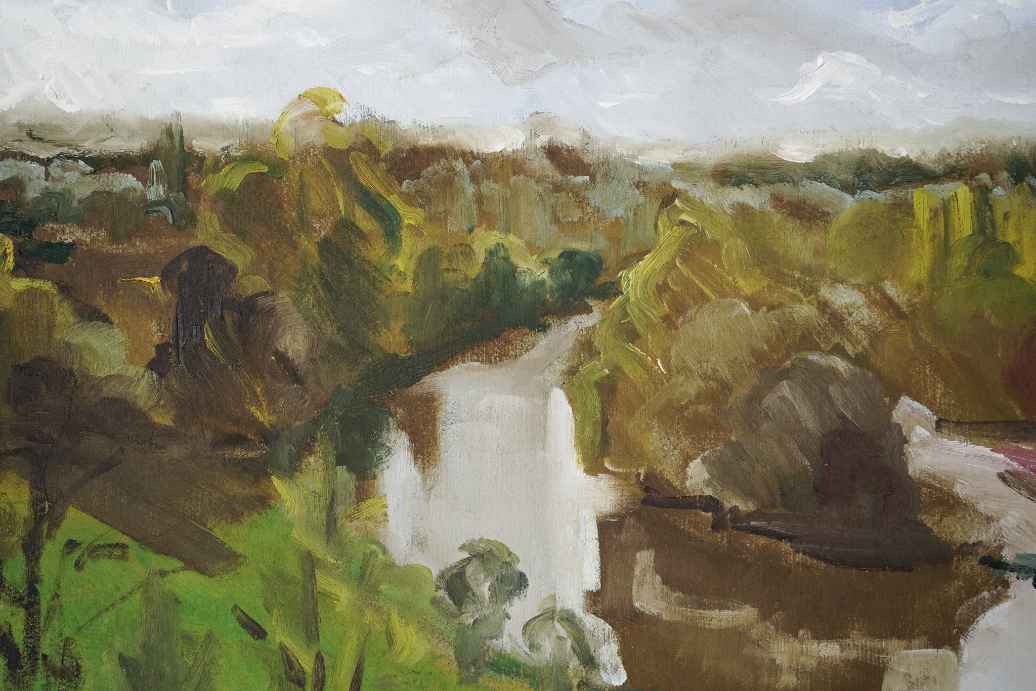 A painting of a river running through a lush green field.