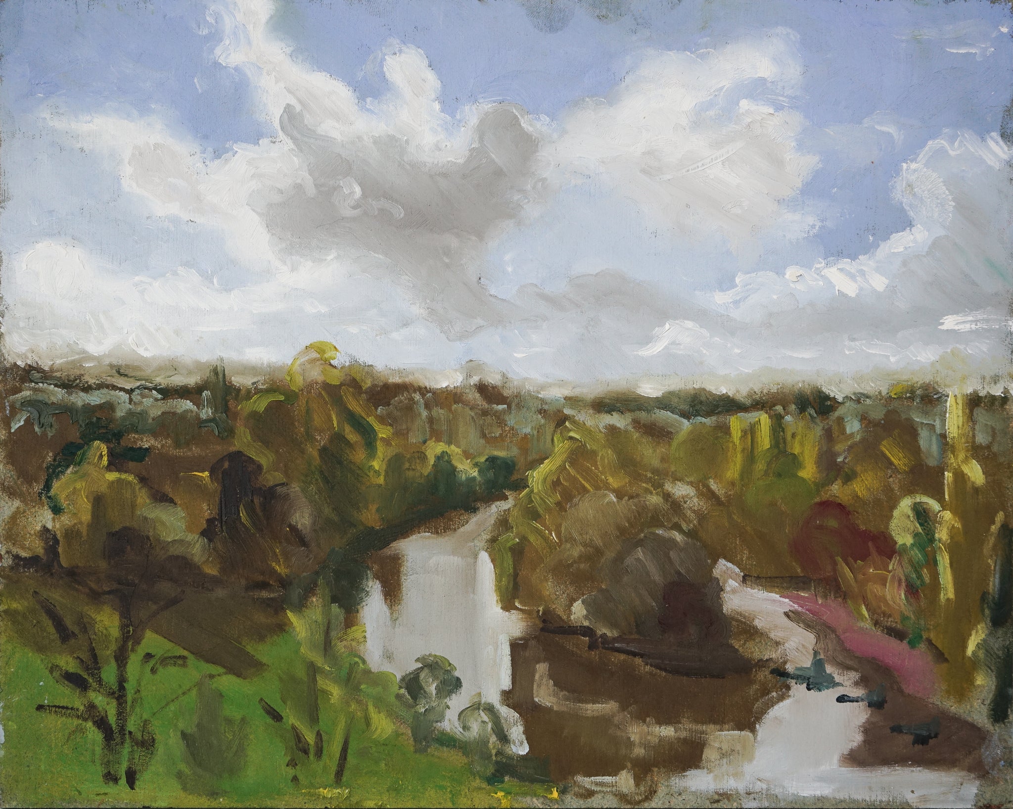 A painting of a river running through a lush green field.