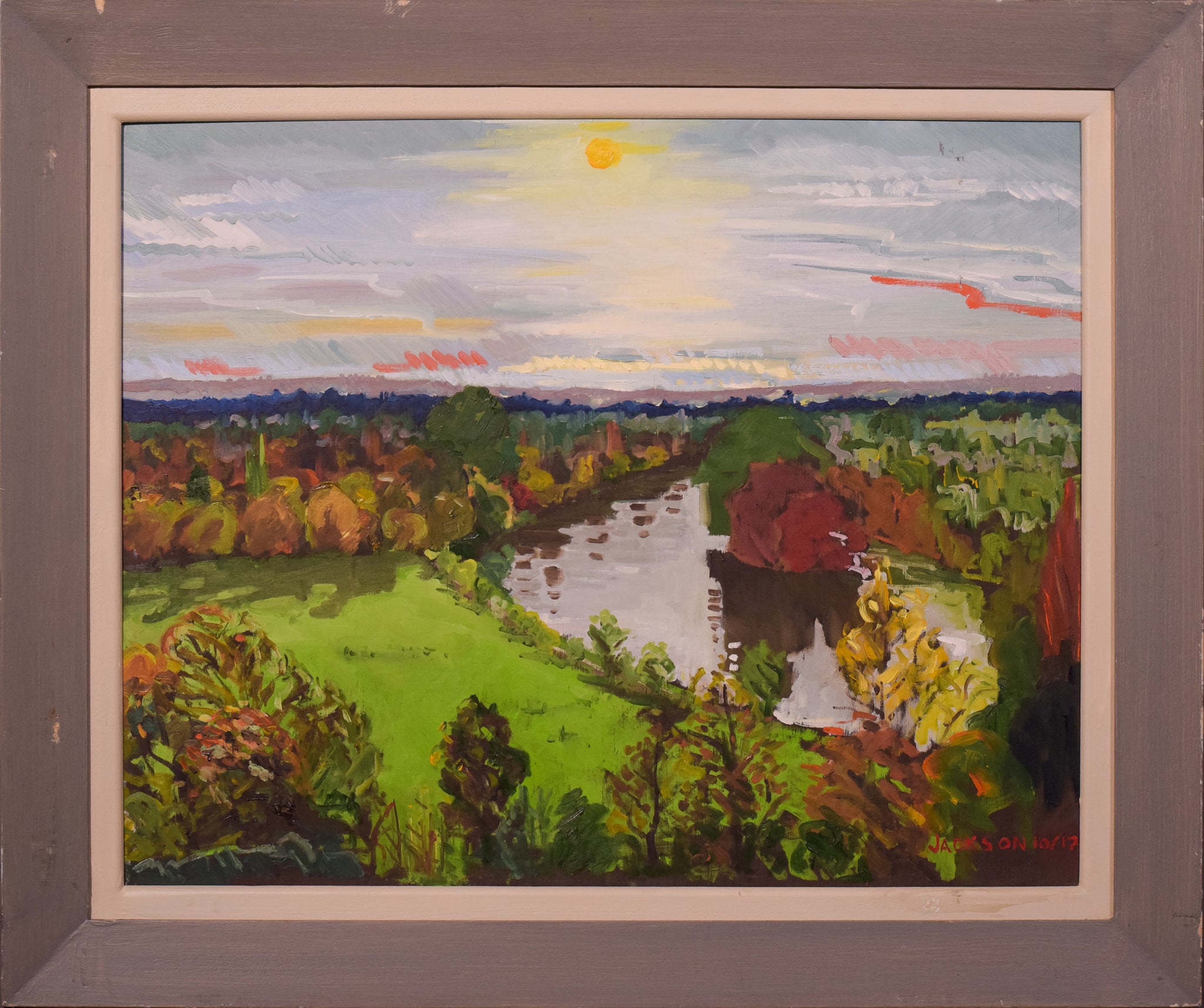 Artwork by Jackson, Richmond Terrace - Autumn Sunset, Made of Oil on board 