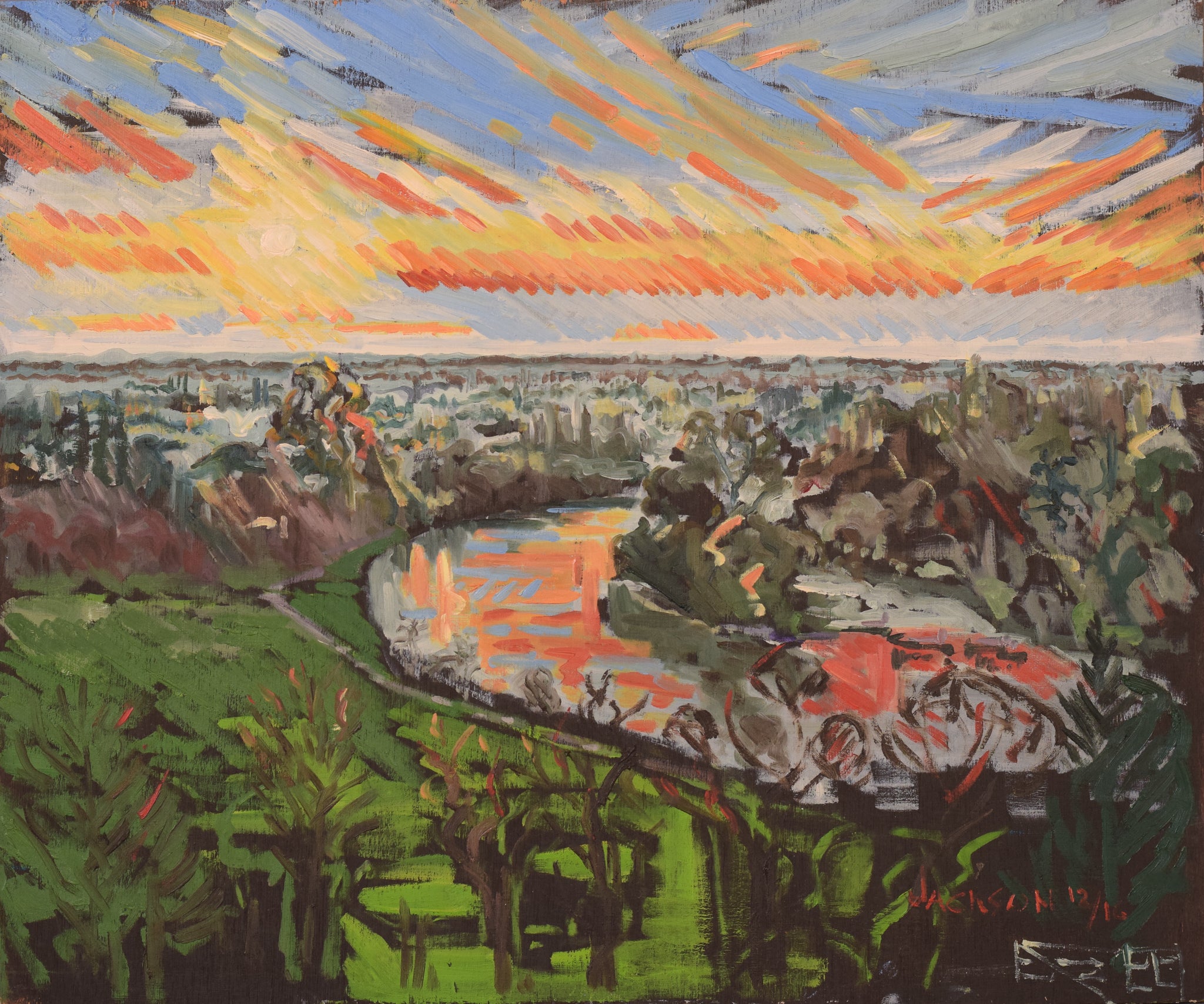 A painting of a sunset over a river in a field.