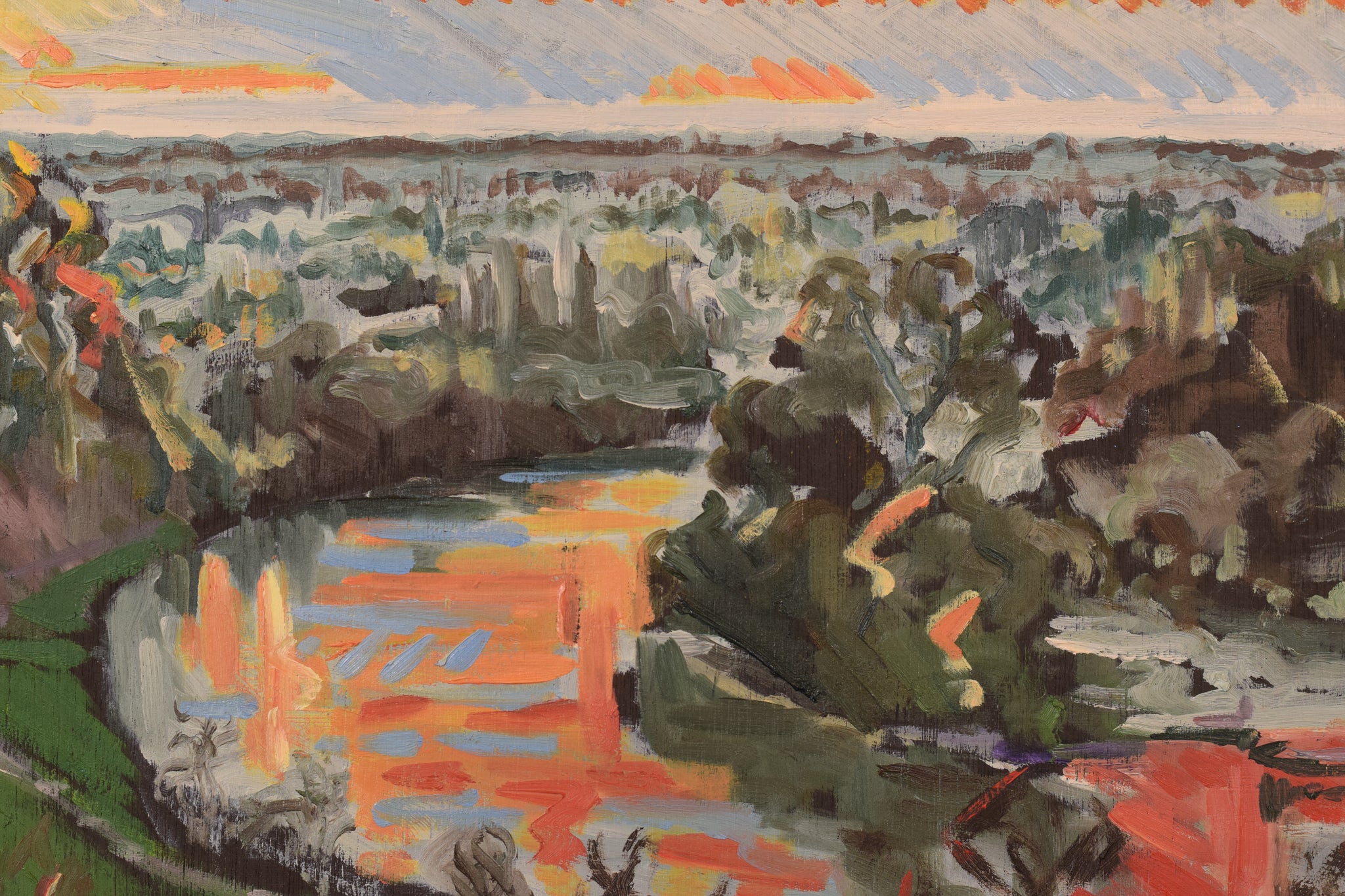A painting of a sunset over a river in a field.