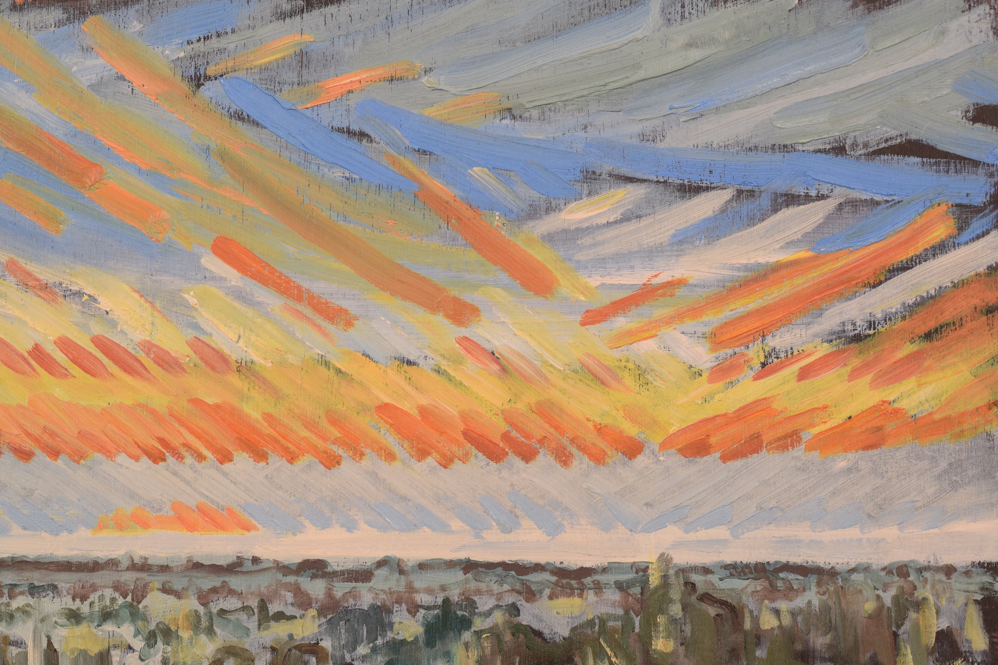 A painting of a sunset over a river in a field.