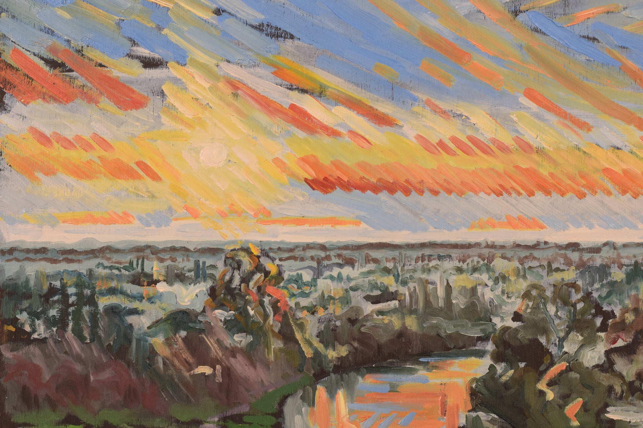 A painting of a sunset over a river in a field.