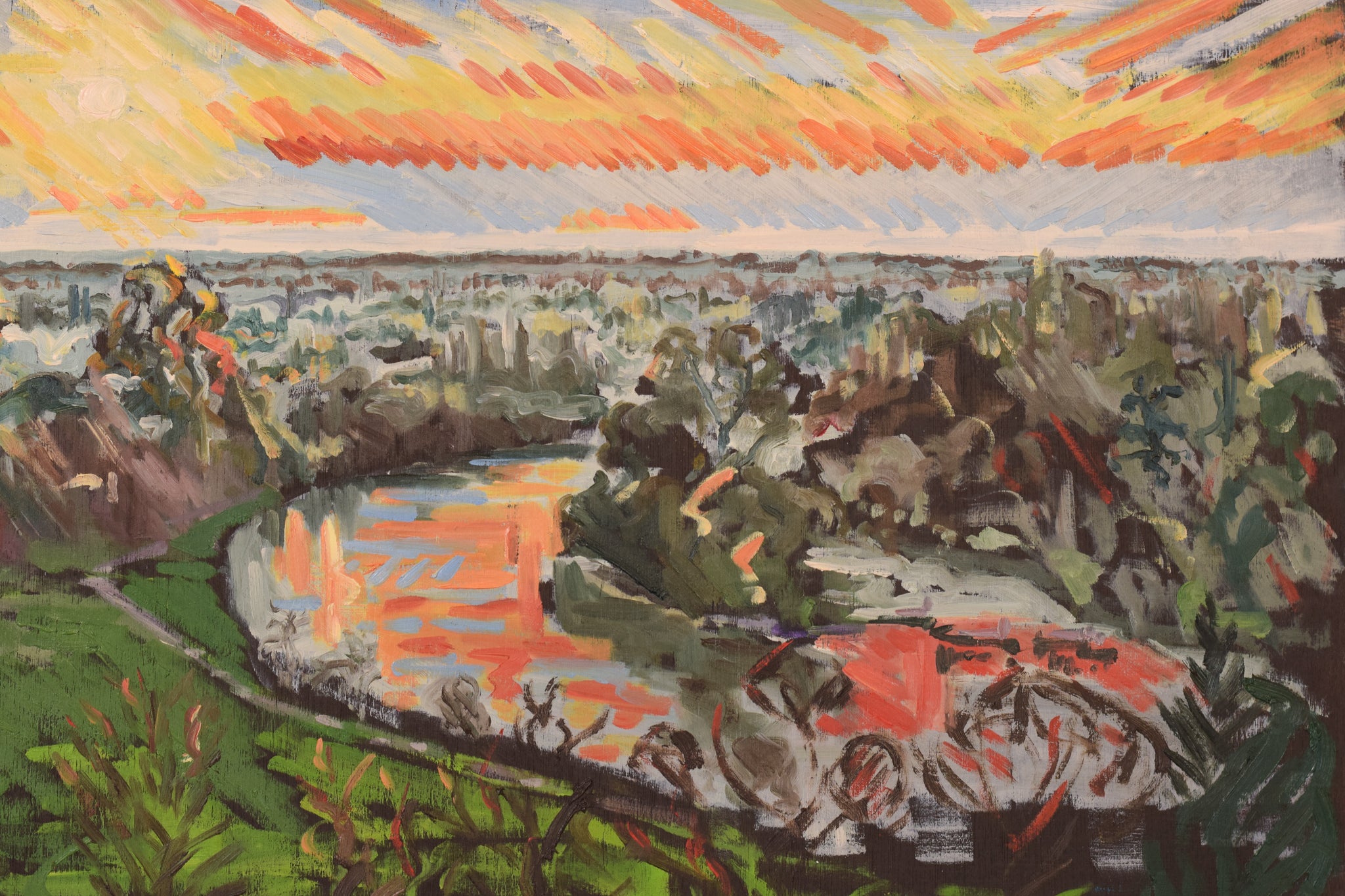 A painting of a sunset over a river in a field.