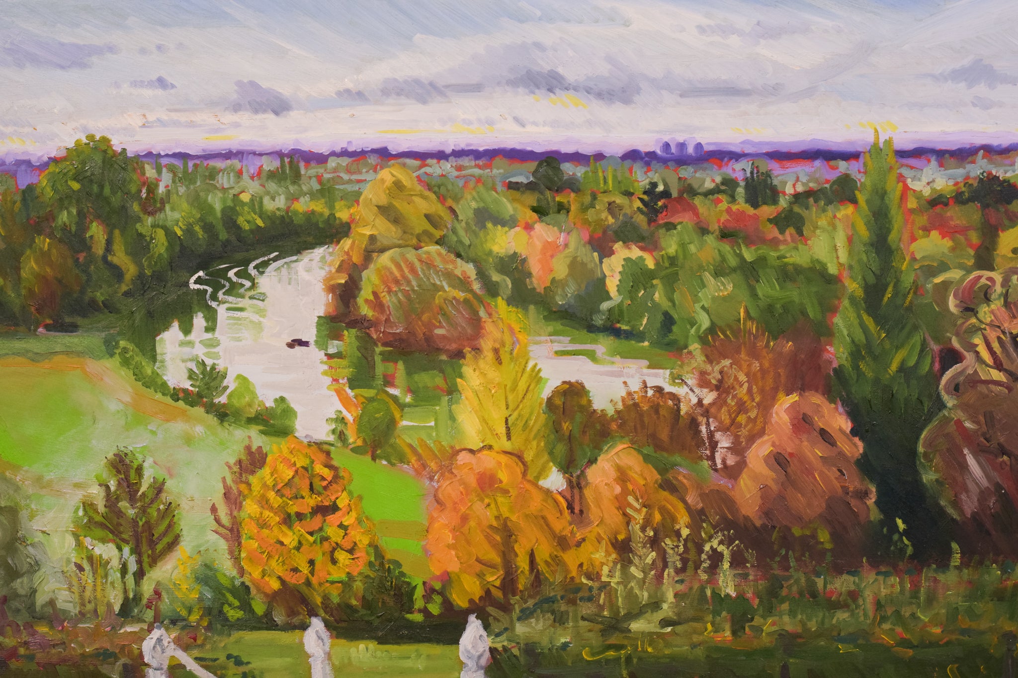 A painting of a view of a park with trees and a river.