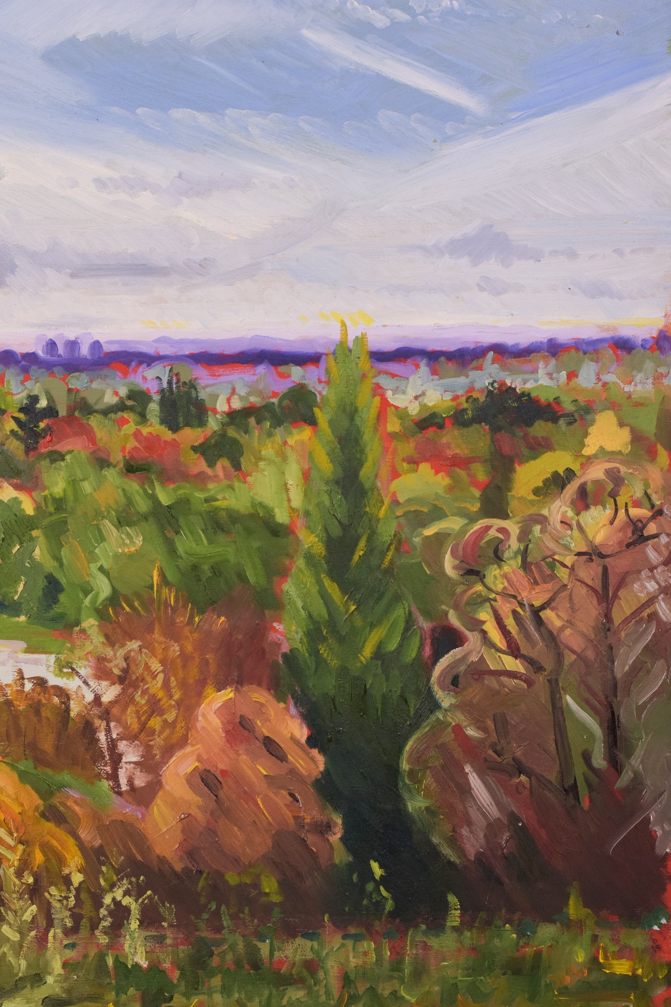 A painting of a view of a park with trees and a river.