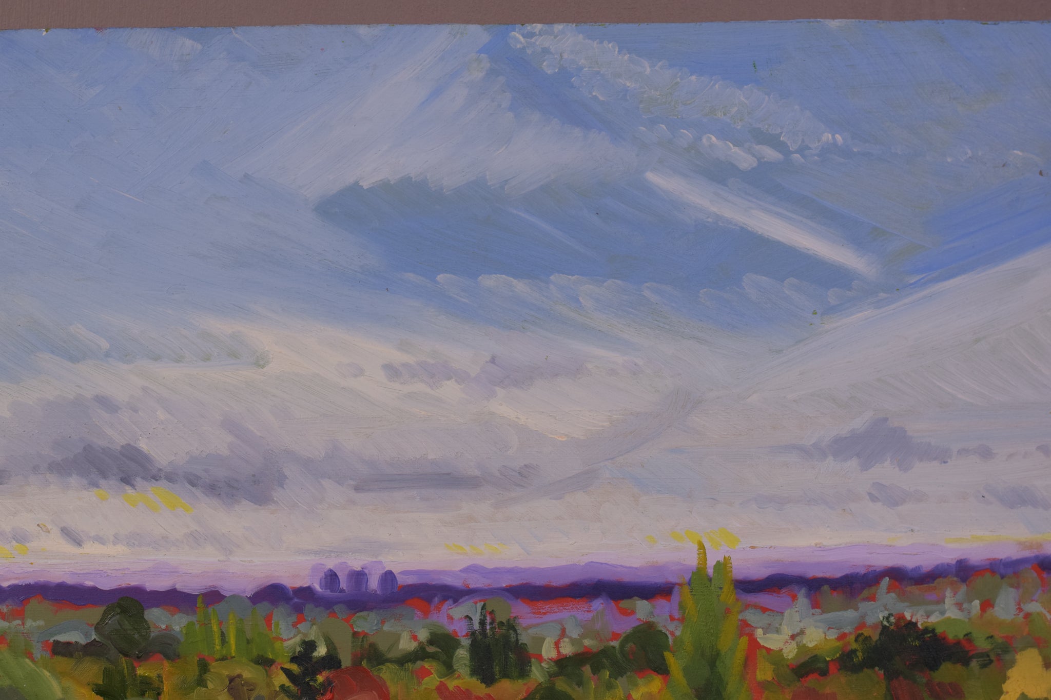 A painting of a view of a park with trees and a river.