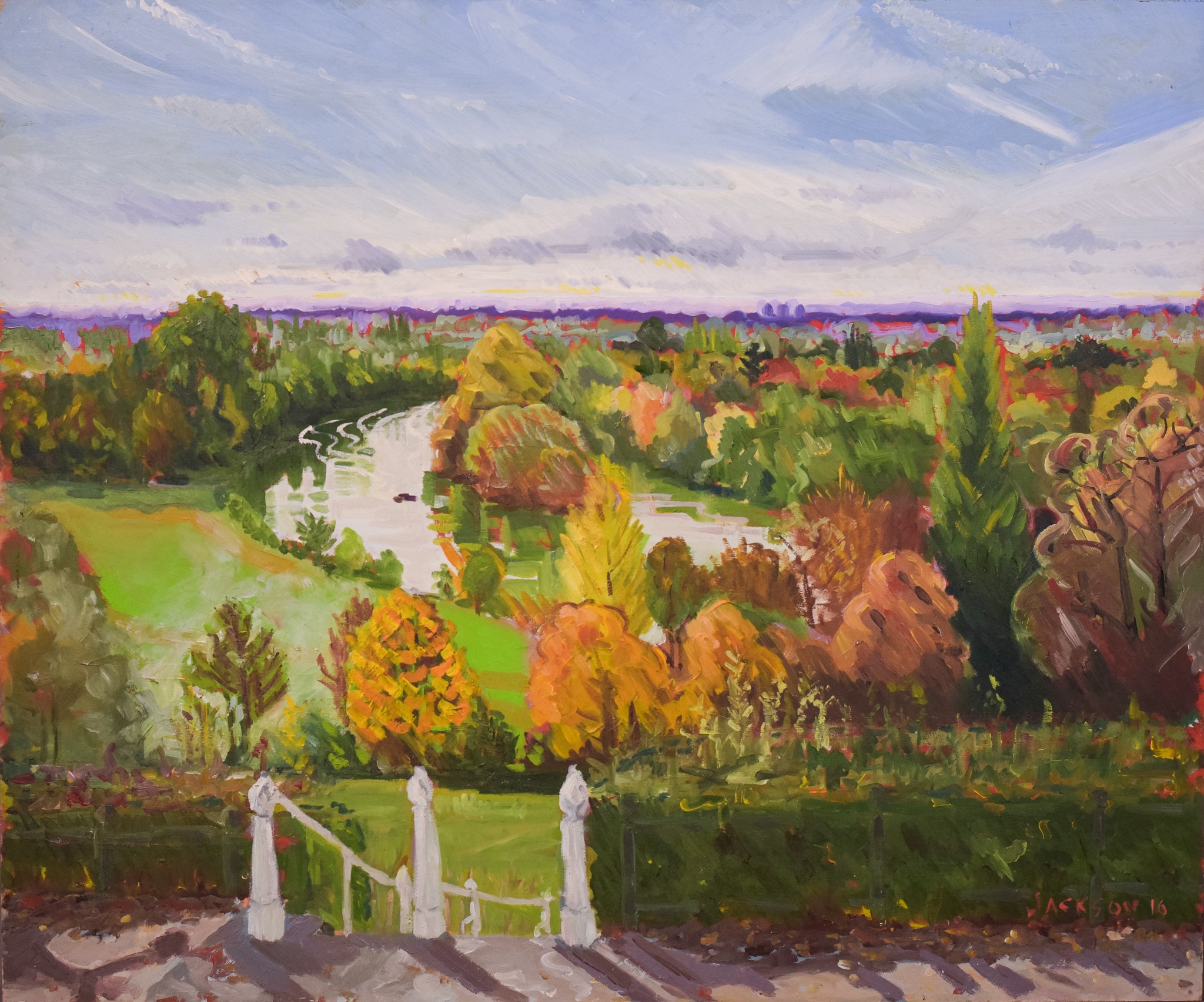 A painting of a view of a park with trees and a river.