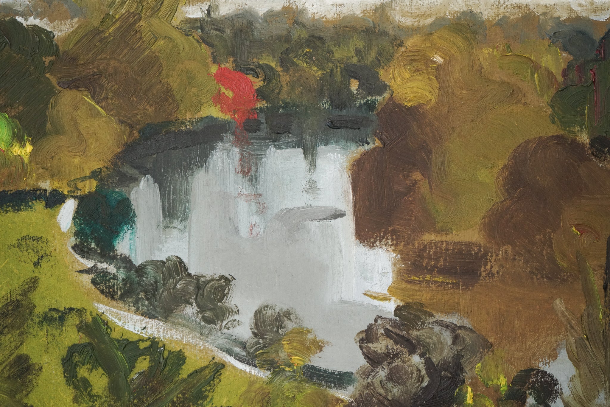 A painting of a landscape with trees and a river.