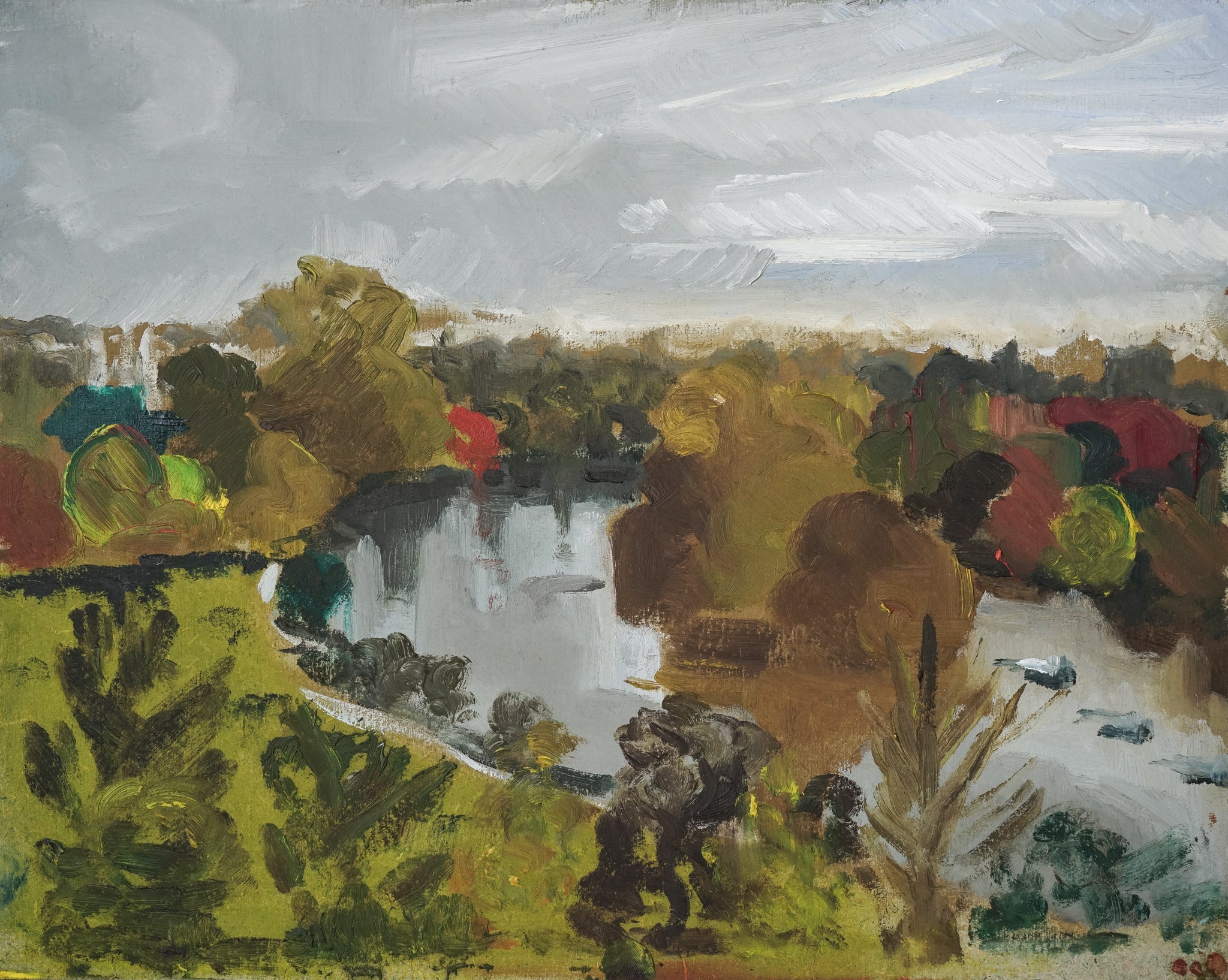 A painting of a landscape with trees and a river.