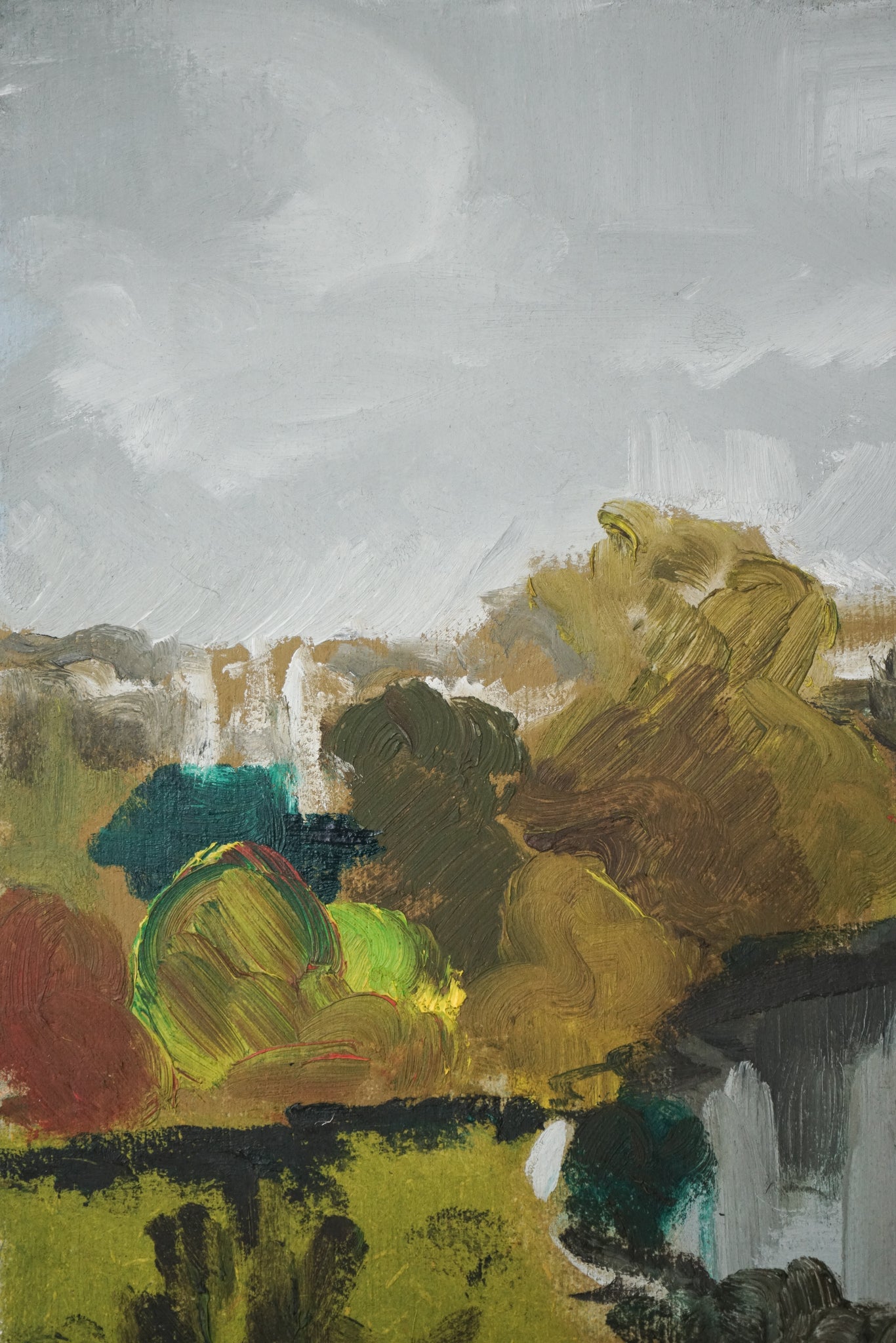 A painting of a landscape with trees and a river.