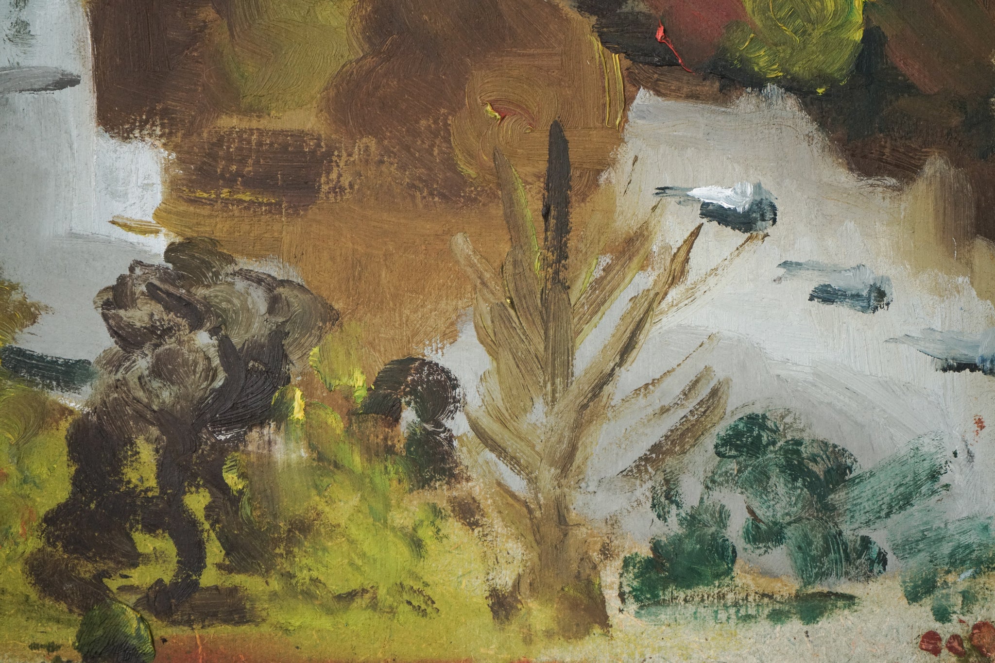 A painting of a landscape with trees and a river.