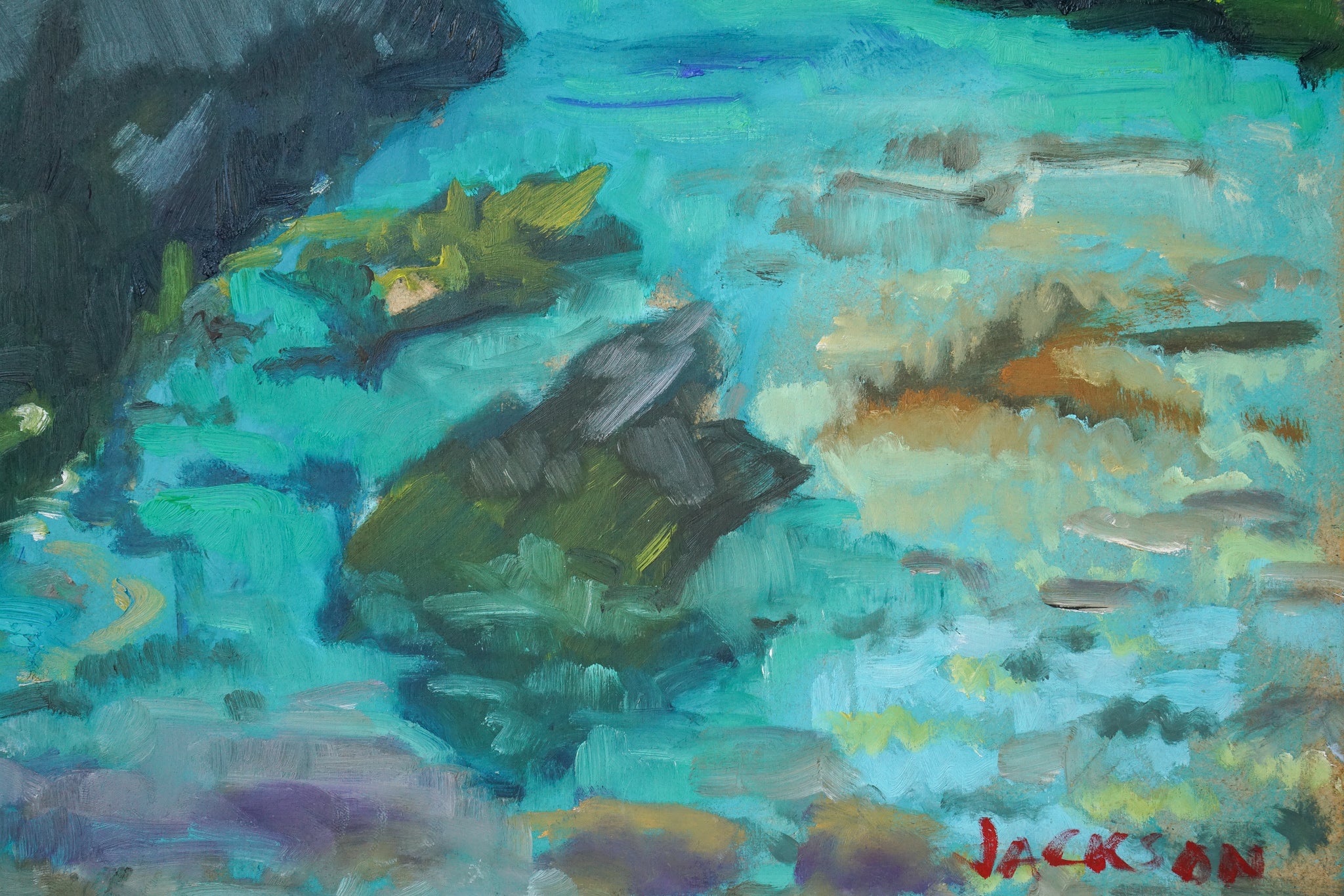 A painting of a rocky shoreline with a blue sky in the background.