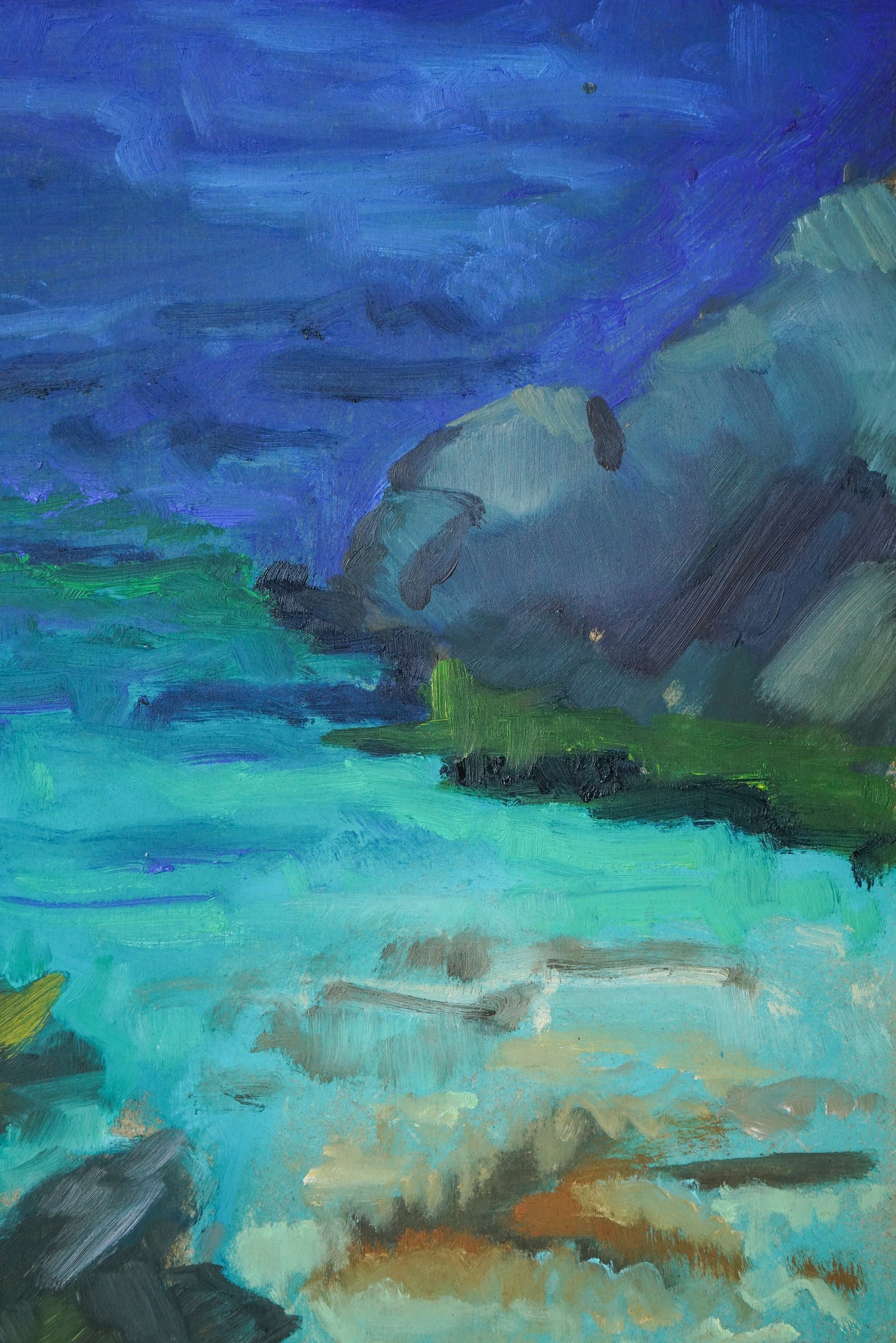 A painting of a rocky shoreline with a blue sky in the background.