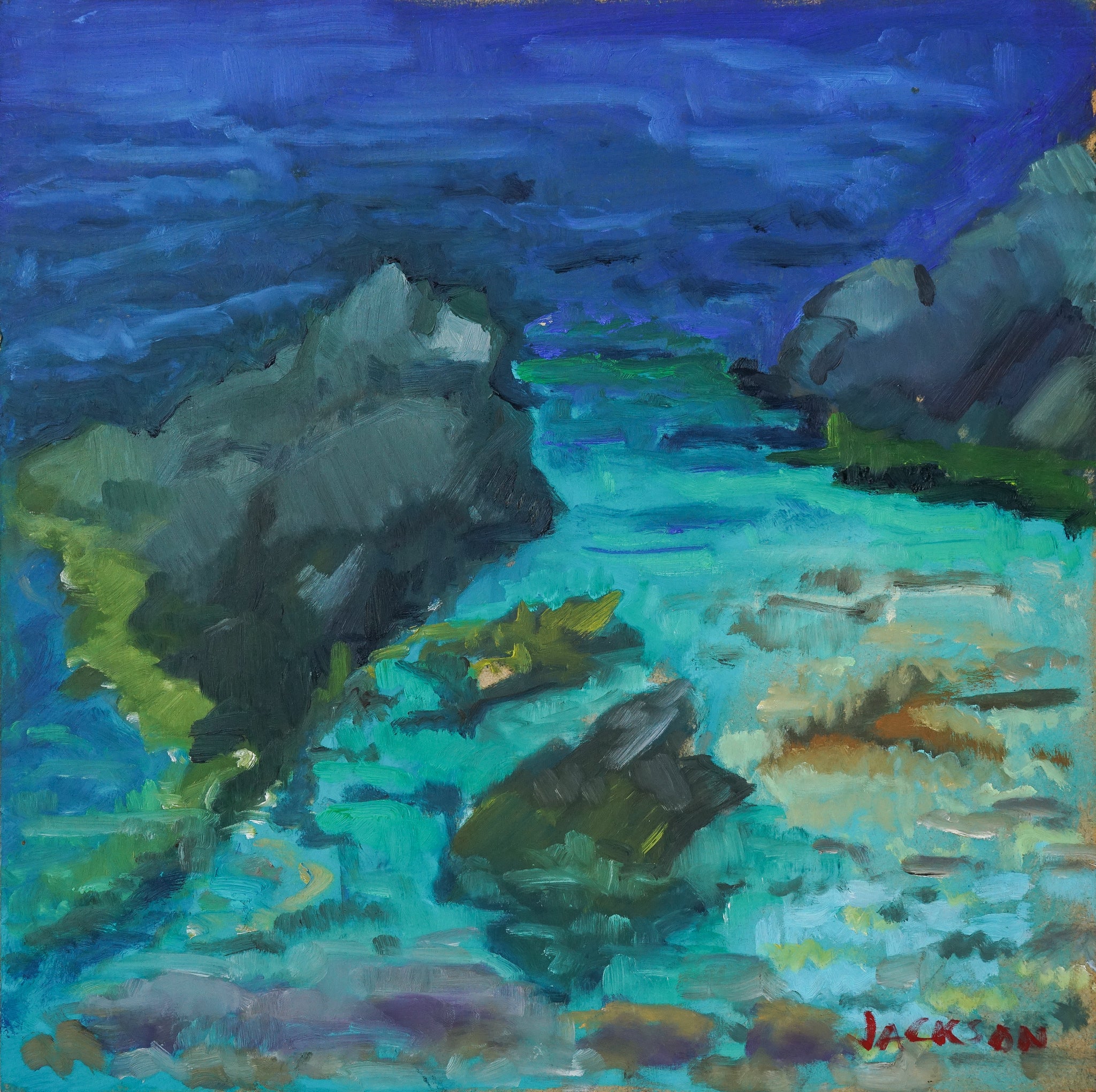 A painting of a rocky shoreline with a blue sky in the background.