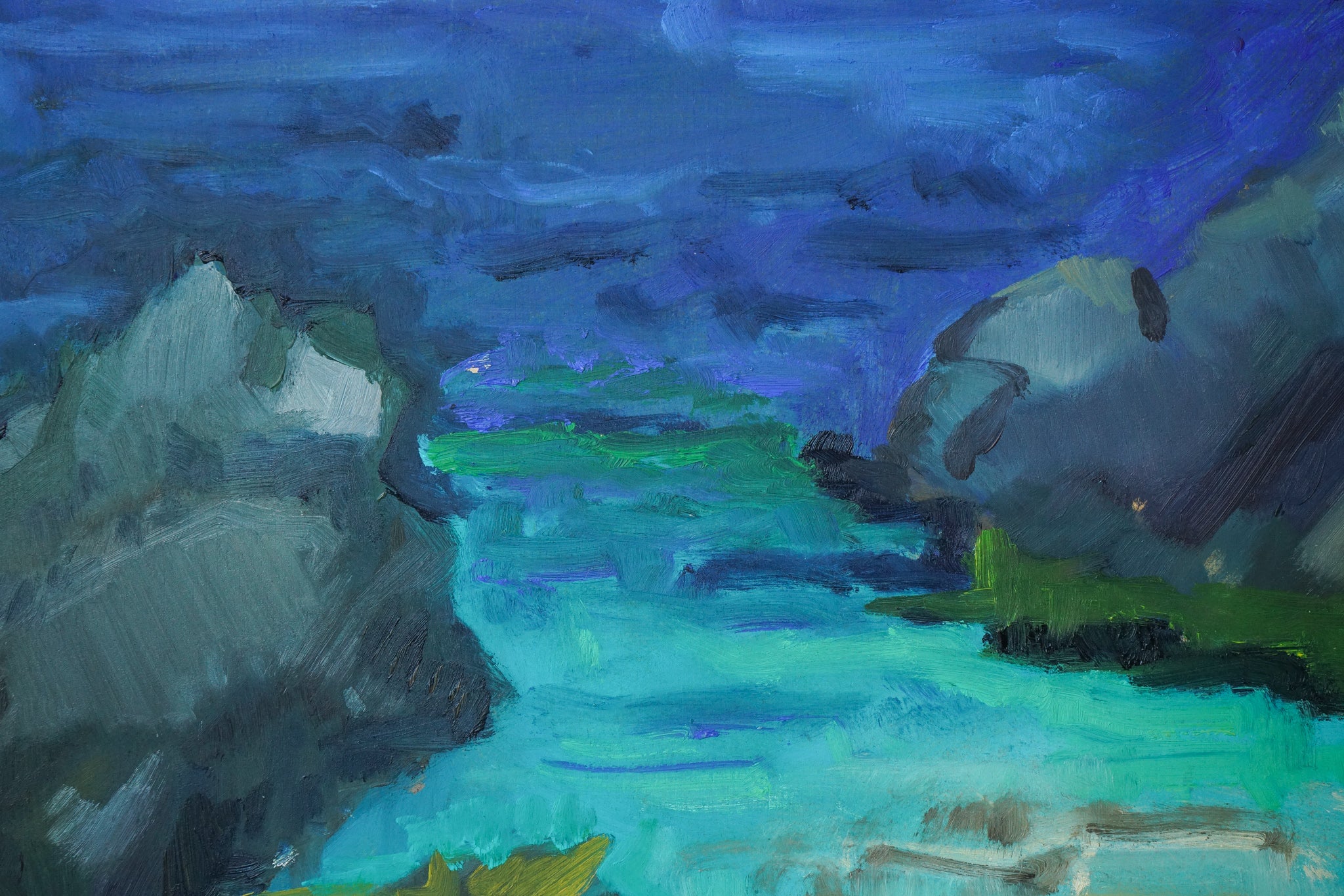 A painting of a rocky shoreline with a blue sky in the background.