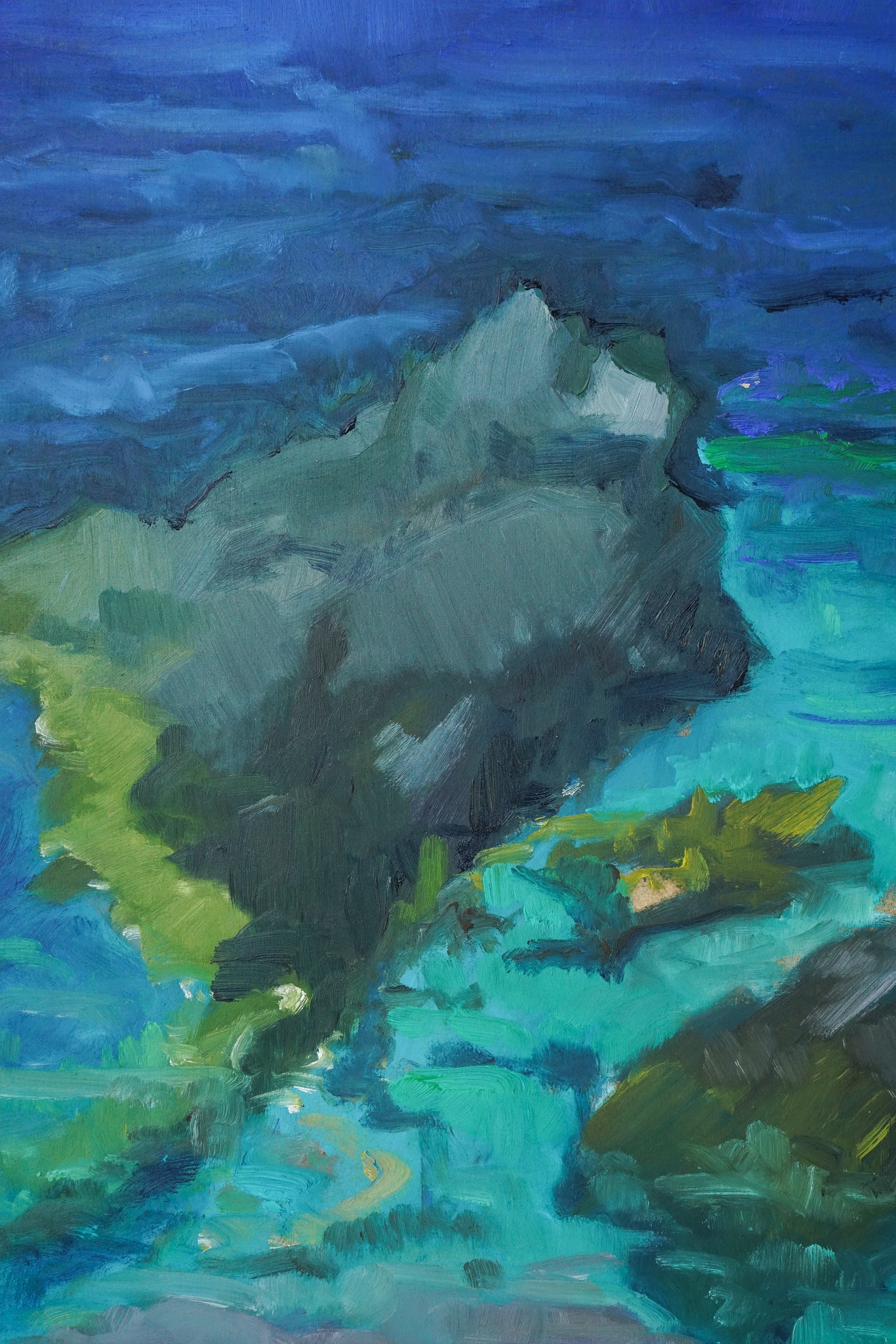 A painting of a rocky shoreline with a blue sky in the background.