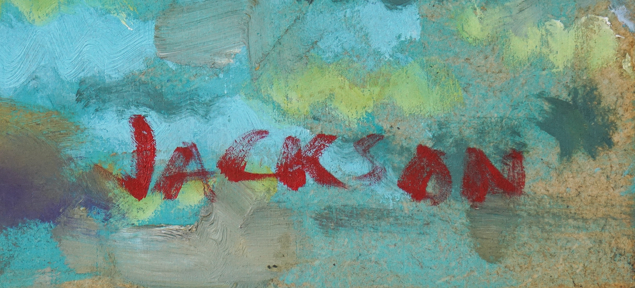 A painting of a rocky shoreline with a blue sky in the background.