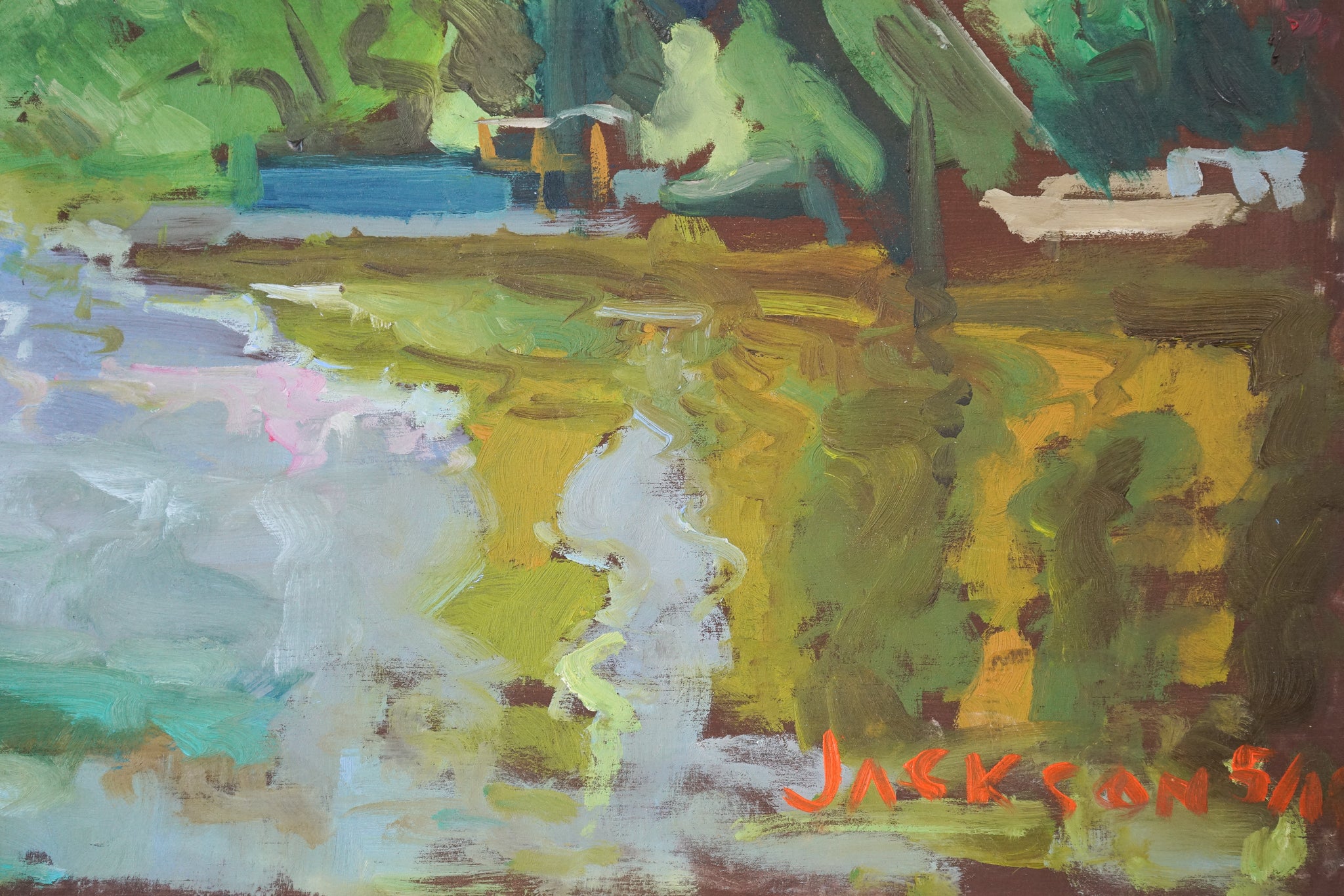 Artwork by Jackson, The Petersham Hotel - Richmond - View Below by The River, Made of Oil on board 