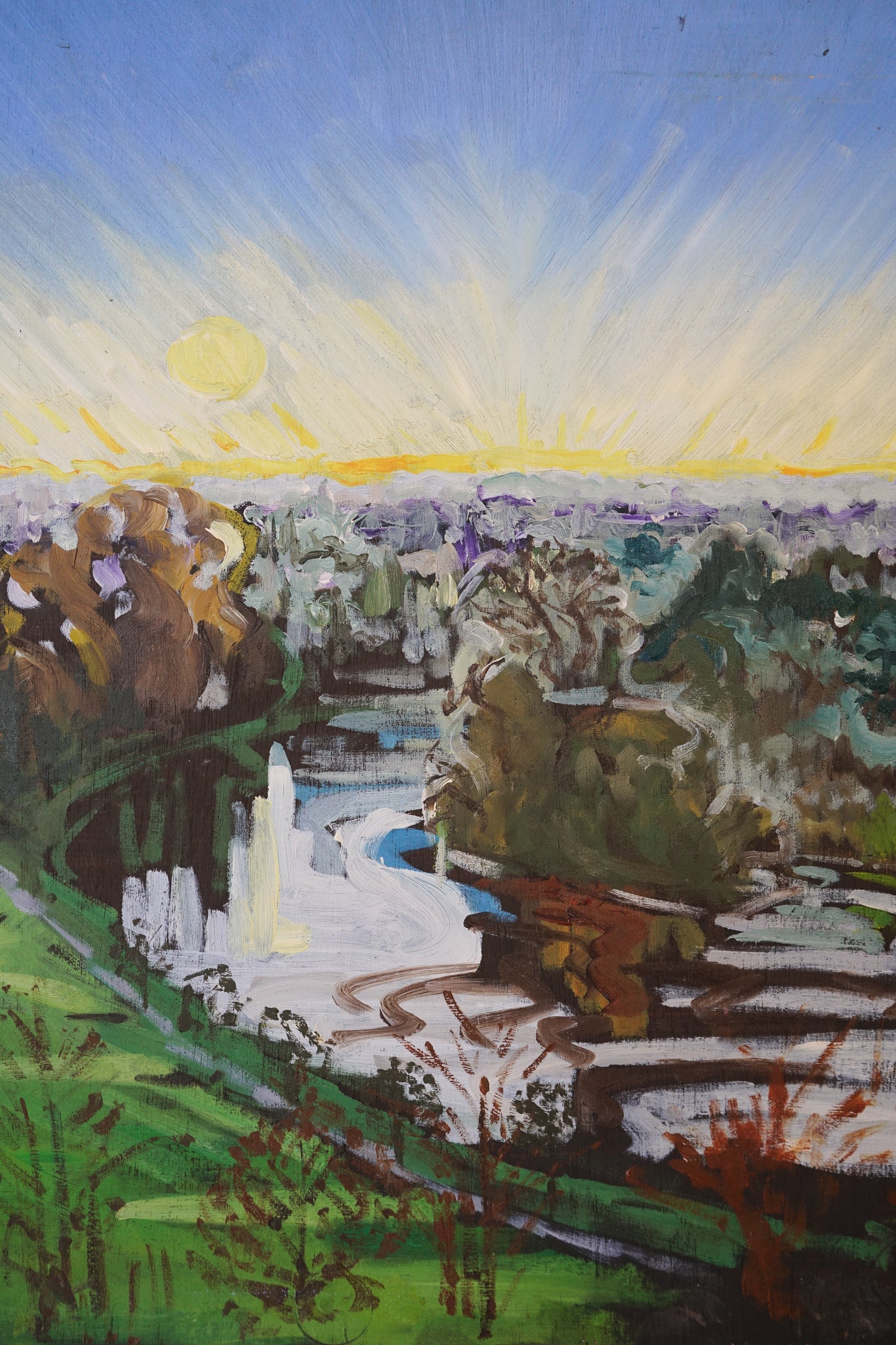 A painting of a landscape with a river running through it.