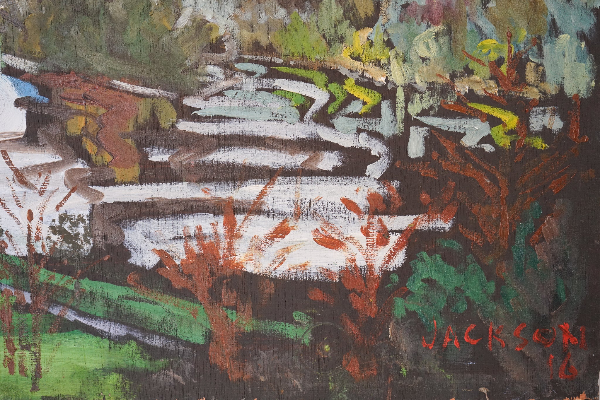 A painting of a landscape with a river running through it.